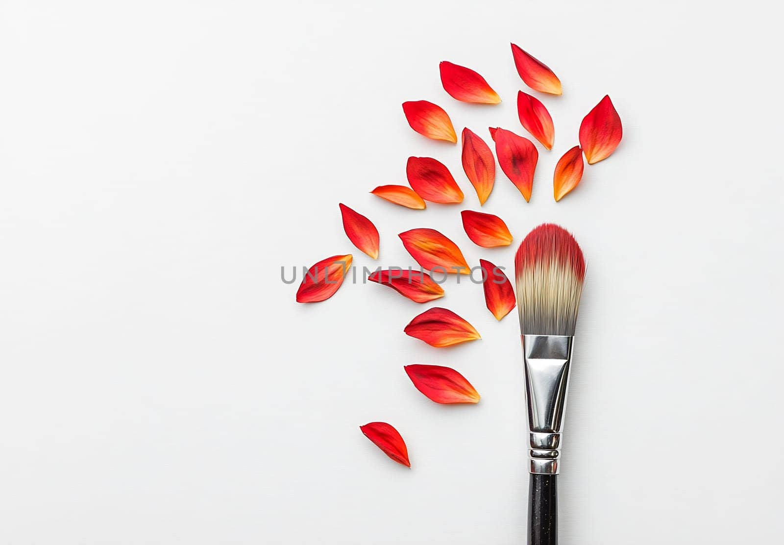 A makeup brush lies beside scattered red and orange rose petals on a clean white surface, showcasing artistry and beauty.