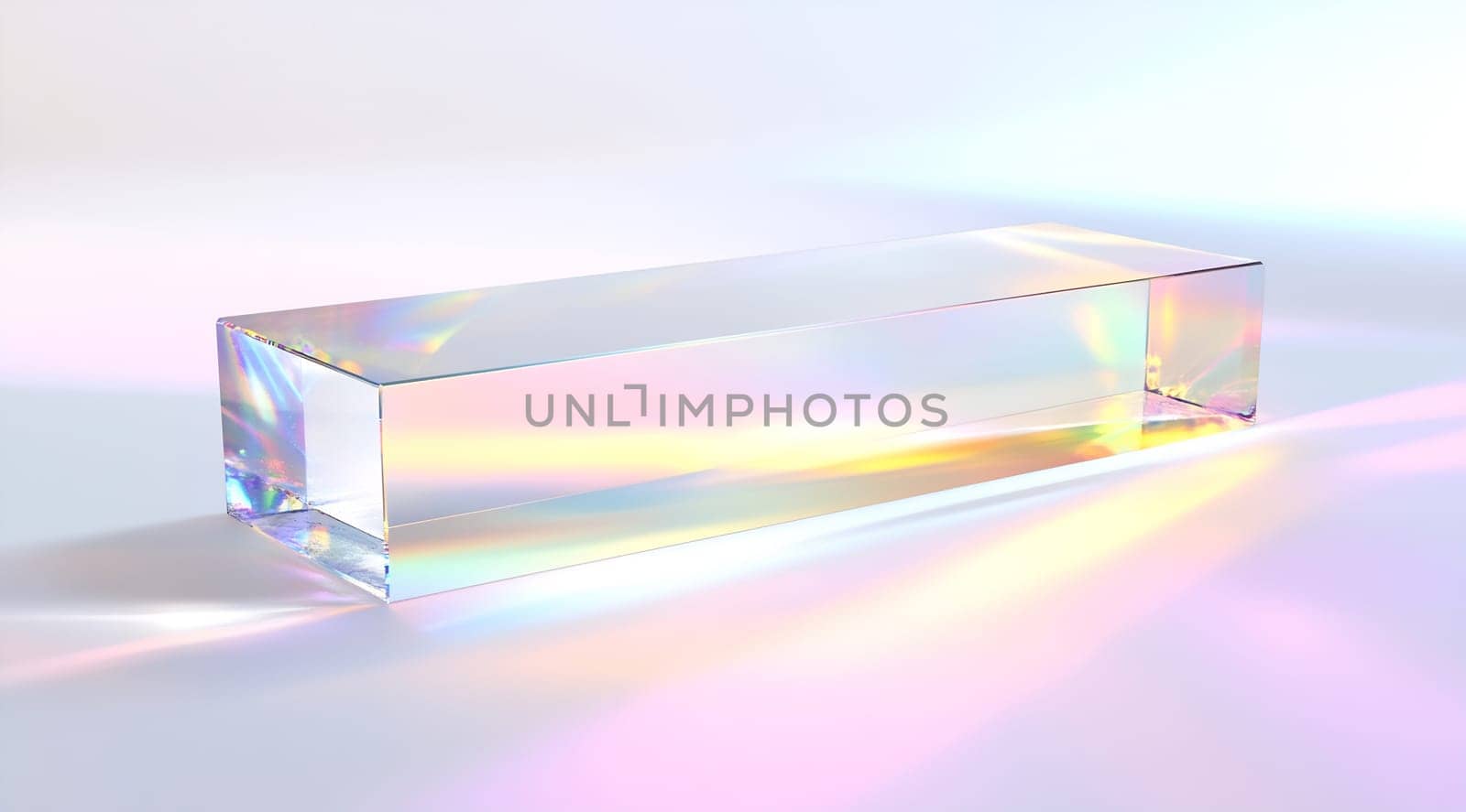 A transparent prism sits on a surface, bending and reflecting light into a spectrum of colors, creating a vivid display.