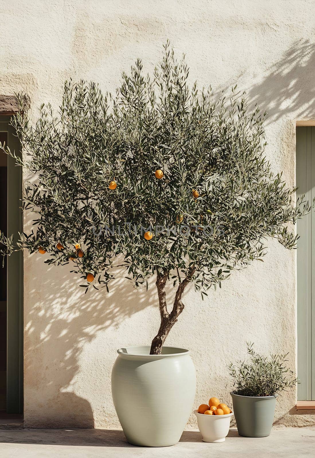 An olive tree with ripe oranges stands in large pots against a soft beige wall, enhancing the tranquil outdoor setting.