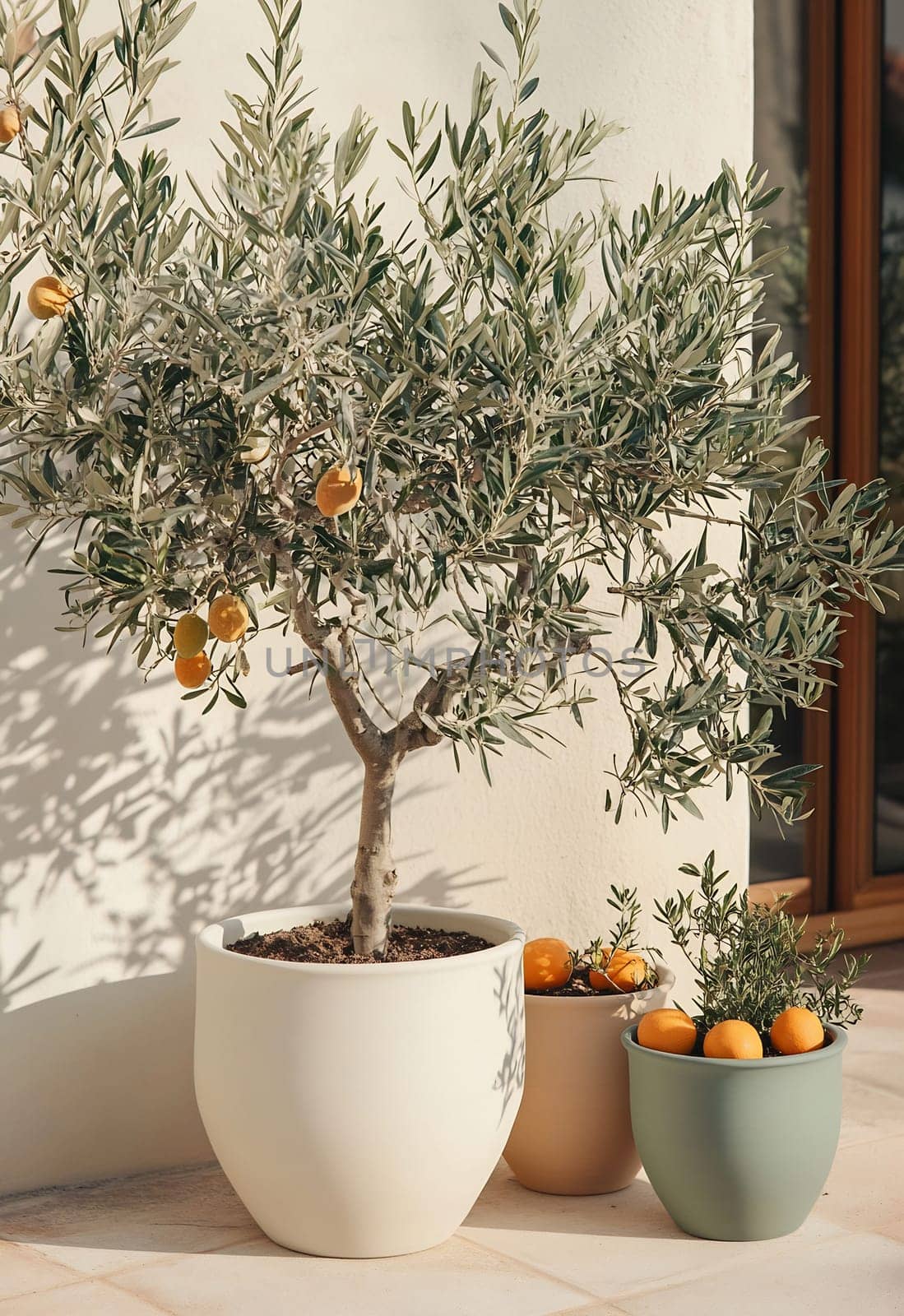 A decorated area showcases an olive tree with ripe oranges, beside two colorful pots with smaller citrus plants.