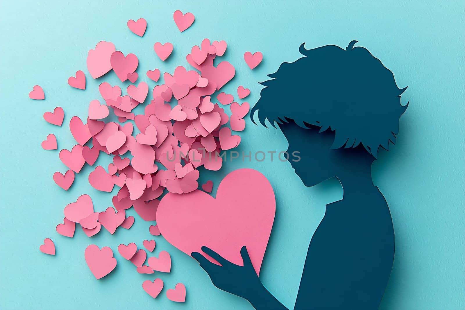 A child silhouette holds a large pink heart while colorful heart shapes cascade around, creating a whimsical scene celebrating love.
