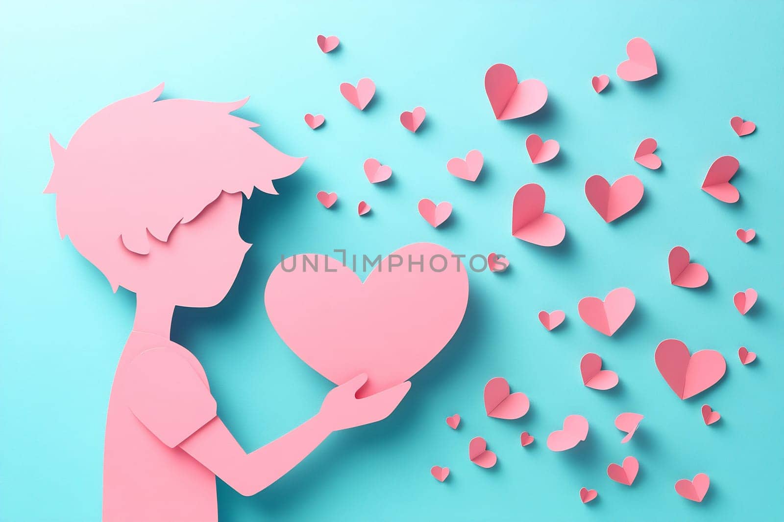 A young child stands against a blue background, holding a large pink heart, surrounded by smaller pink hearts floating around.