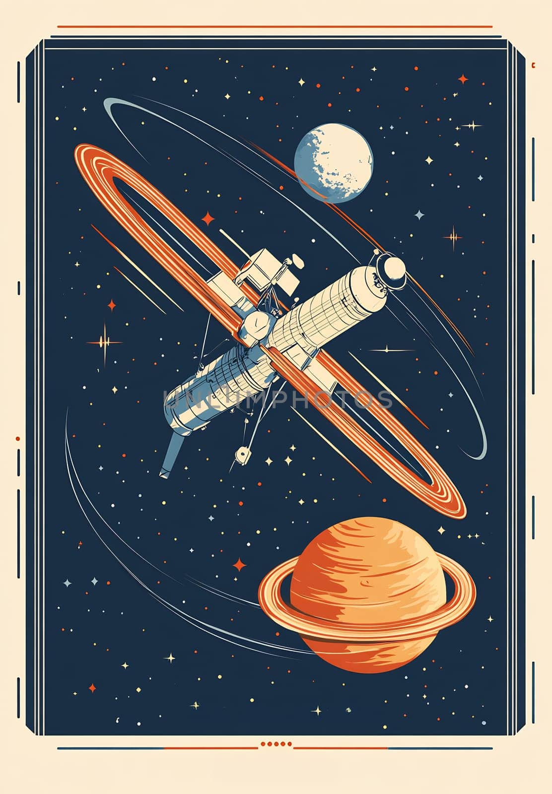 A space station rotates around a vibrant planet surrounded by rings, with a distant moon visible in the backdrop of outer space.