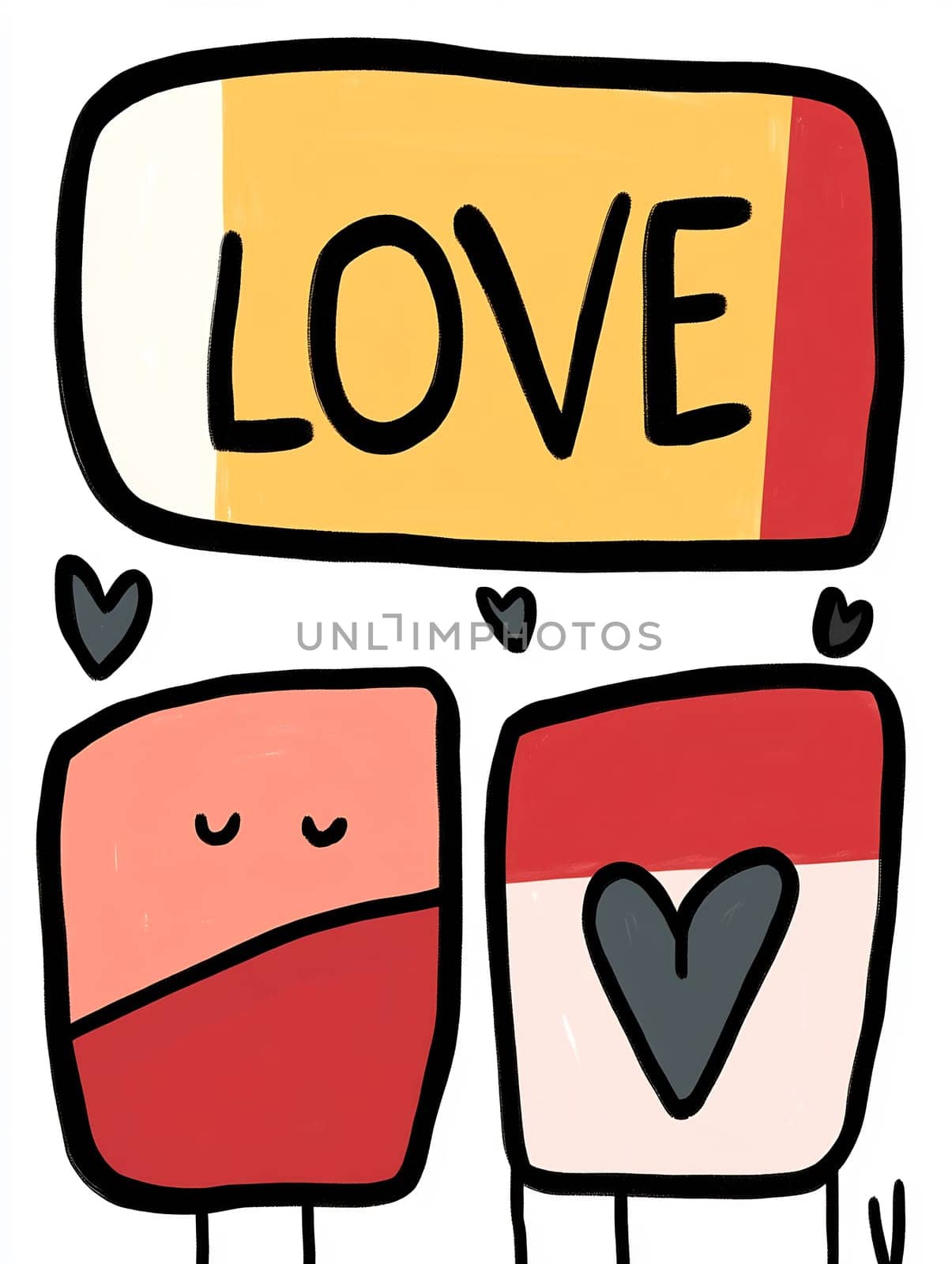 Colorful graphic featuring the word love and two abstract characters sharing heart symbols, expressing affection and positivity.