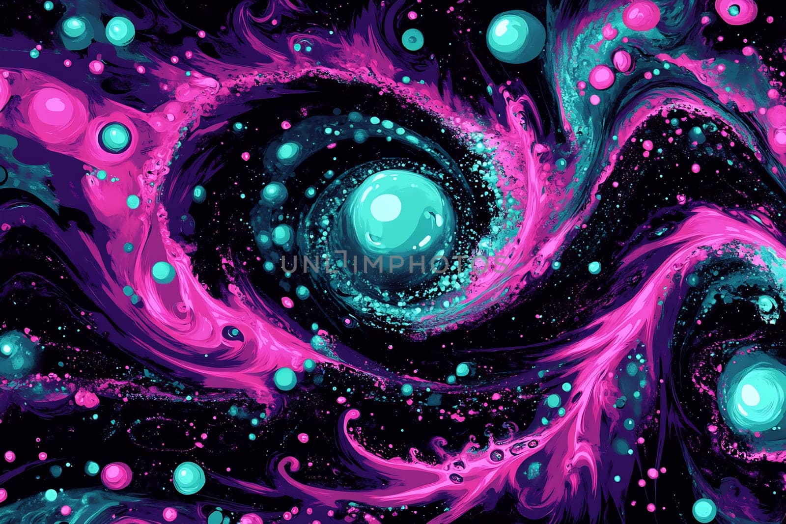 Swirling galaxies of pink and turquoise mix against a dark backdrop, forming a mesmerizing cosmic pattern that draws the eye.