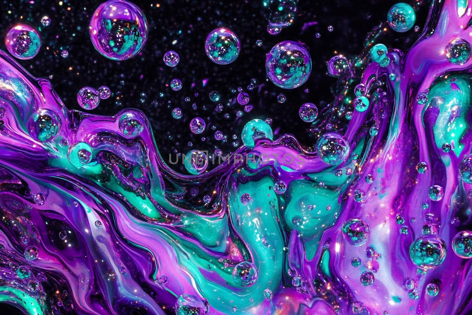 Fluid patterns showcase swirling shades of purple and teal with shimmering bubbles against a dark backdrop, creating a mesmerizing effect.
