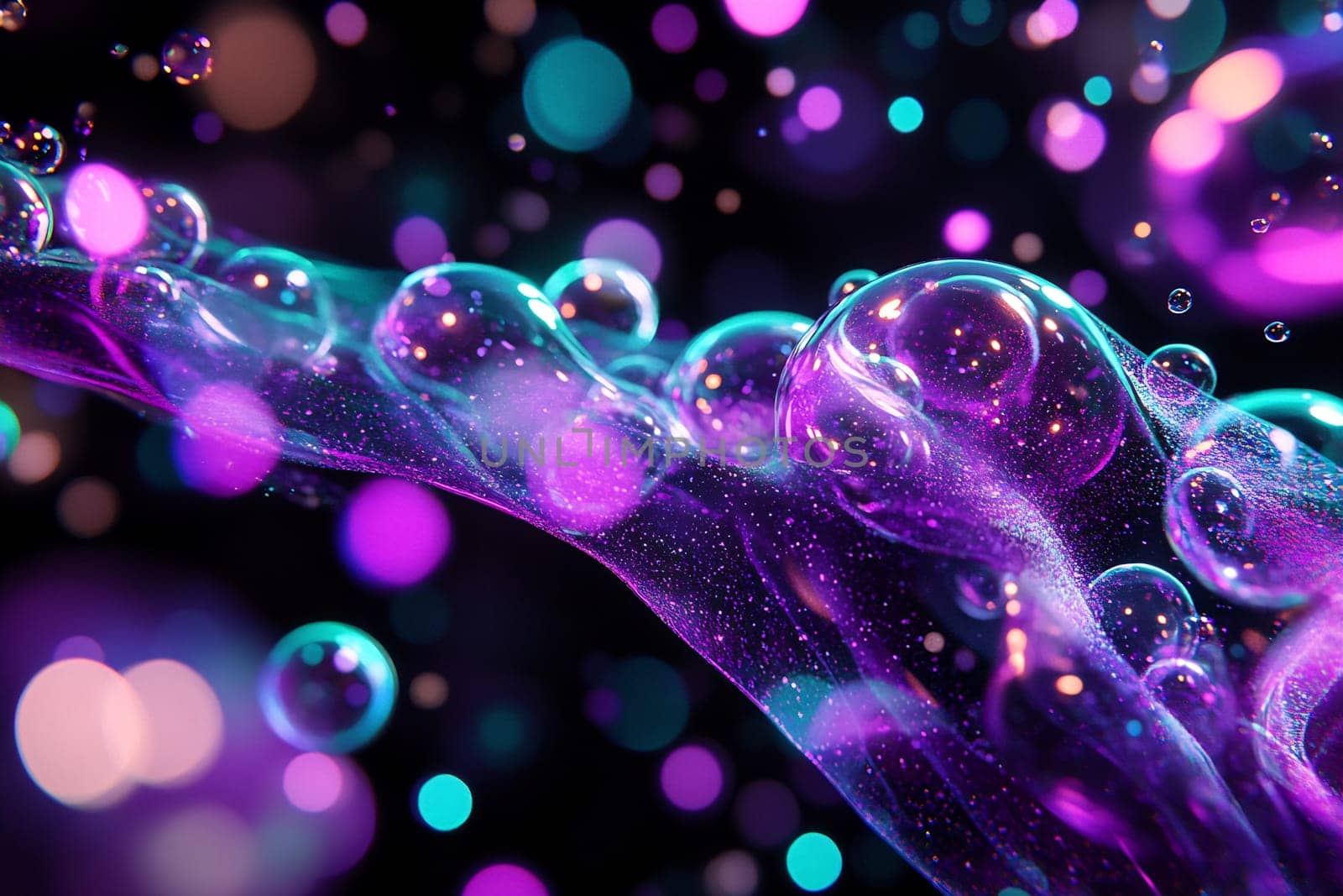 Bubbles of various sizes reflect vibrant colors while floating against a dark background, creating a mesmerizing effect in the atmosphere.