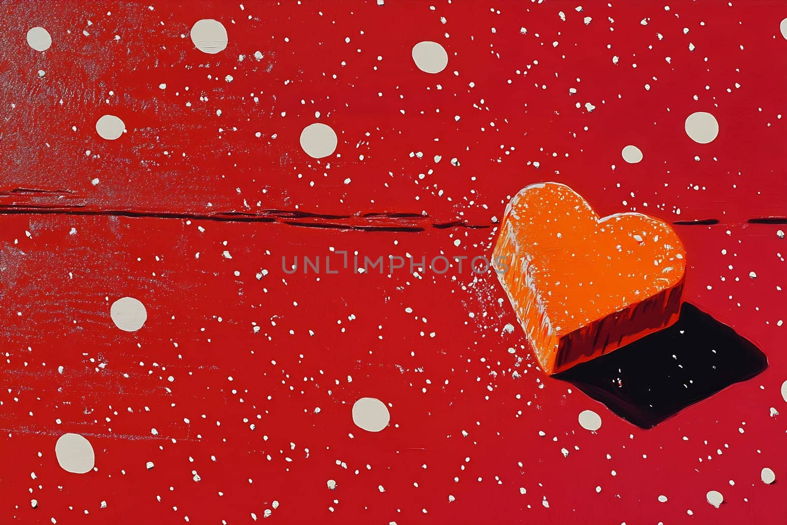 A heart-shaped sculpture in bright orange sits on a vivid red surface adorned with white polka dots and soft shadows.