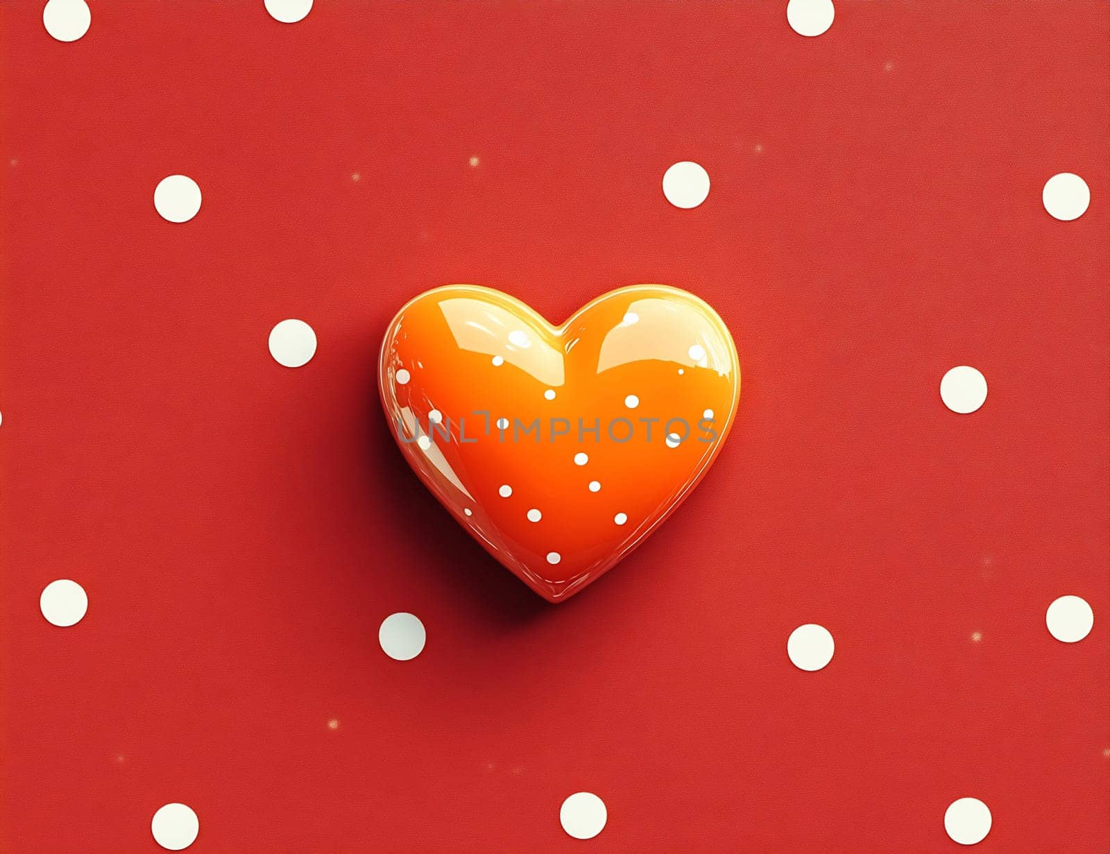 A vibrant orange heart-shaped candy rests on a red dotted background, showcasing a playful contrast and appealing design.