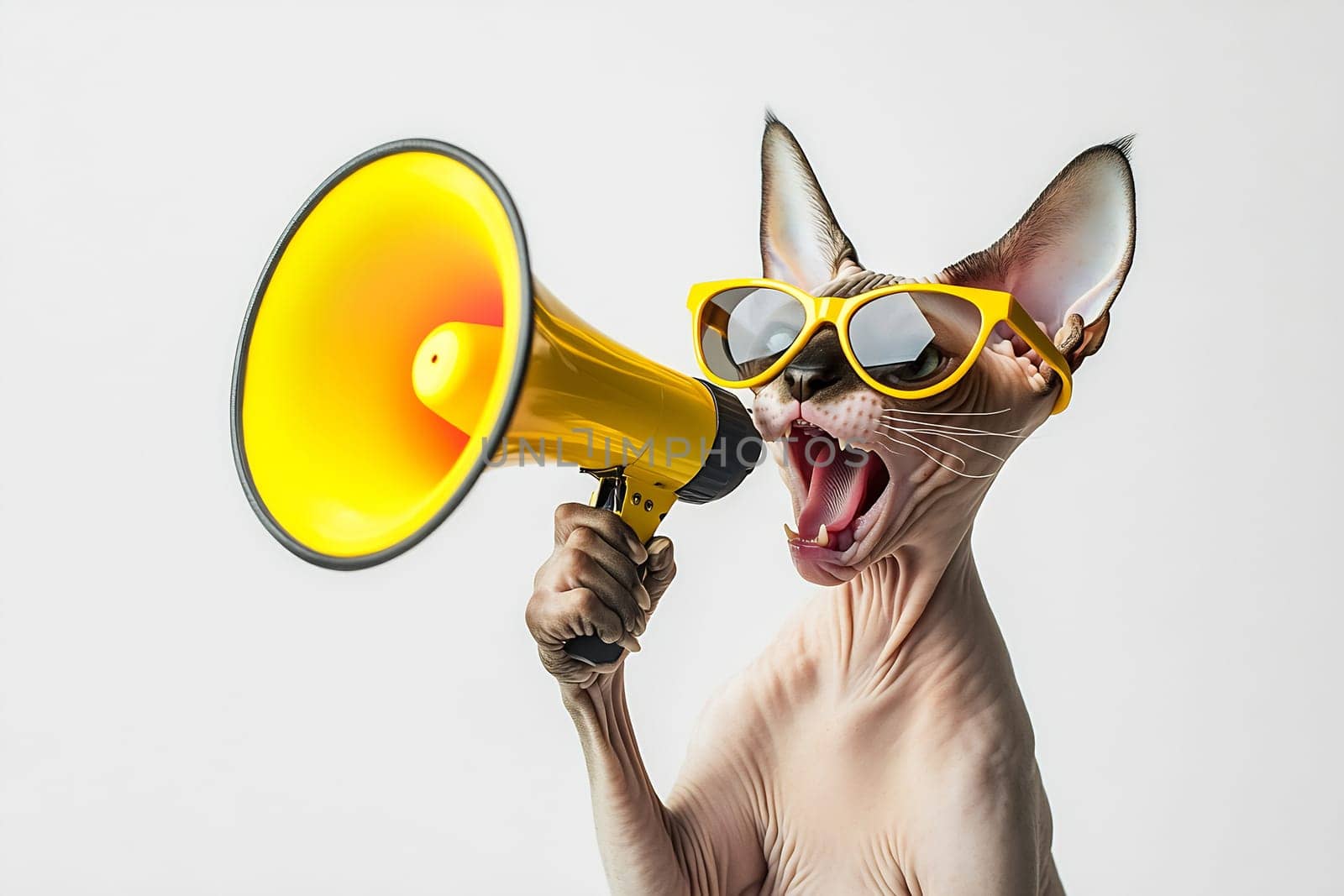 A hairless cat wearing yellow sunglasses holds a yellow megaphone, appearing to shout while striking a playful pose.