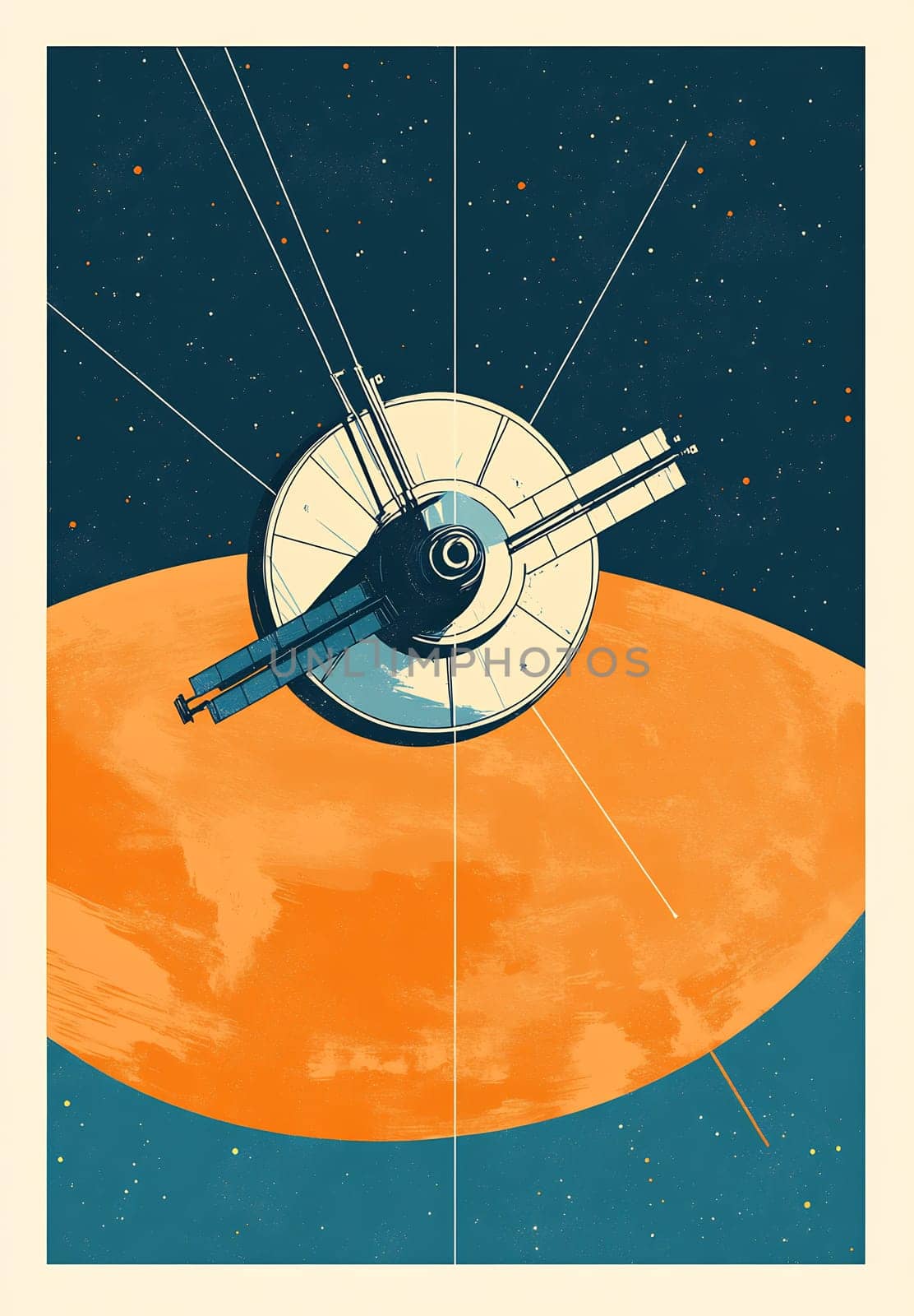 A spacecraft orbits a vibrant orange planet, showcasing advanced technology against a starry background, symbolizing Mars exploration.