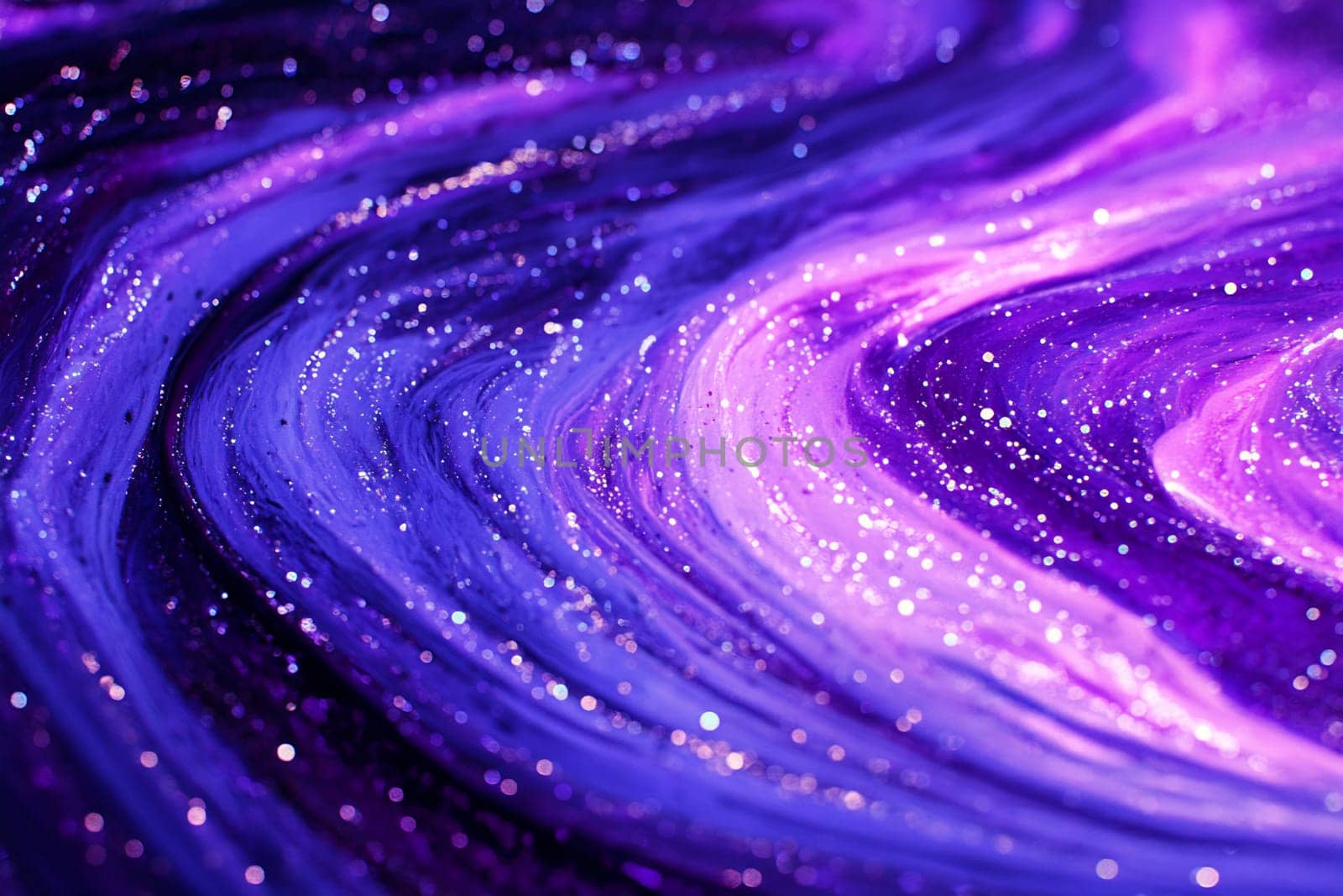 Vibrant swirls of purple and blue create a mesmerizing abstract pattern, adorned with shimmering sparkles throughout the design.