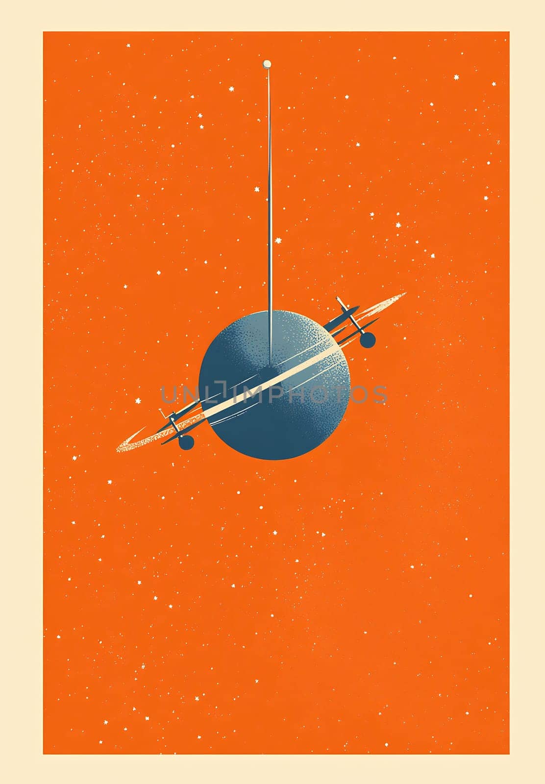 This artwork features a stylized planet with rings against an orange background, evoking a sense of cosmic wonder and exploration.