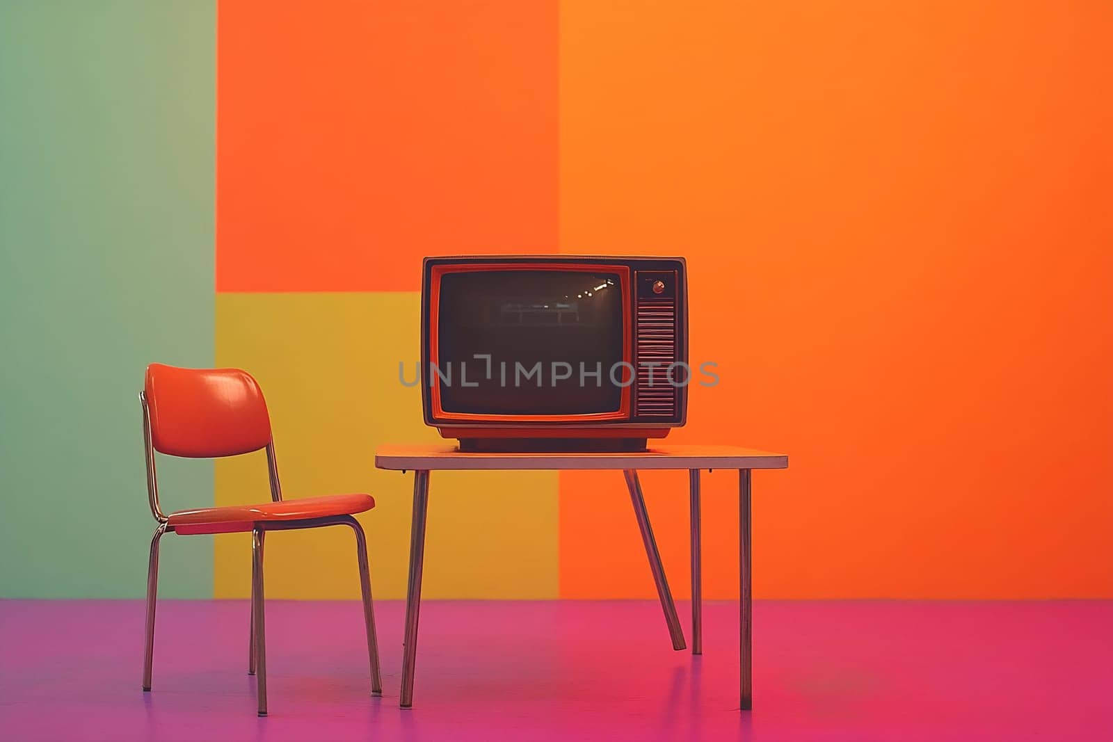 A classic television sits on a table beside a red chair in a bold, colorful setting with geometric walls and floors.