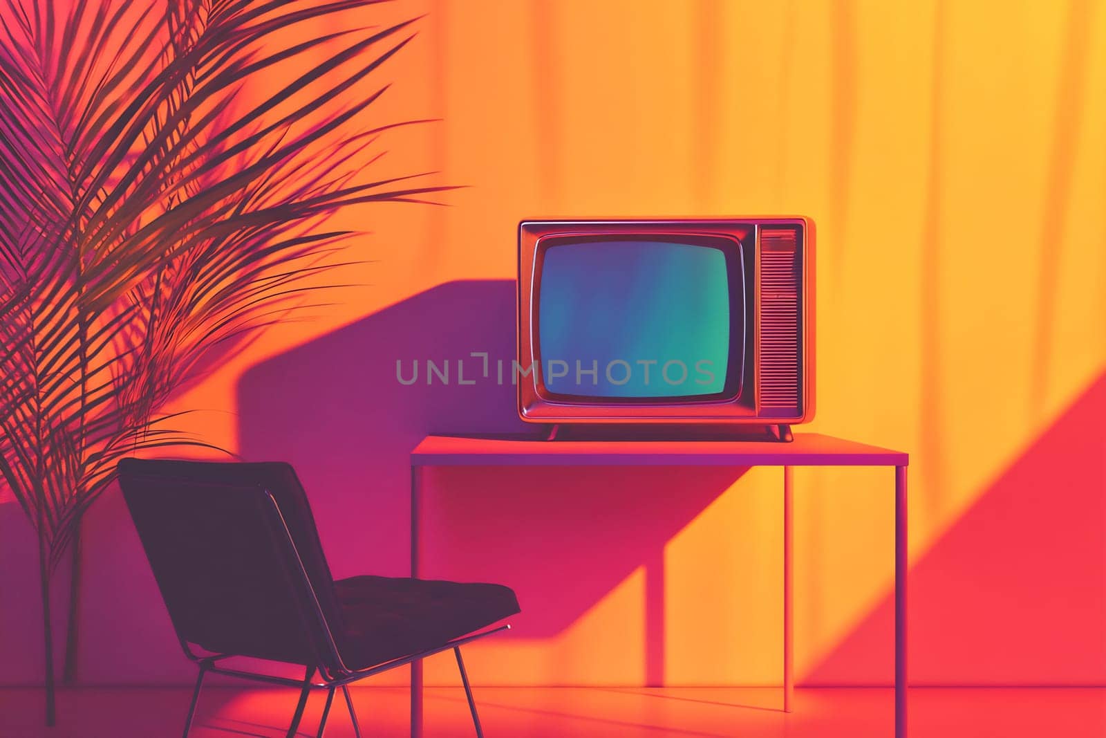 A retro television set sits on a table beside a black chair, surrounded by vibrant, warm colors and shadows from a nearby plant.