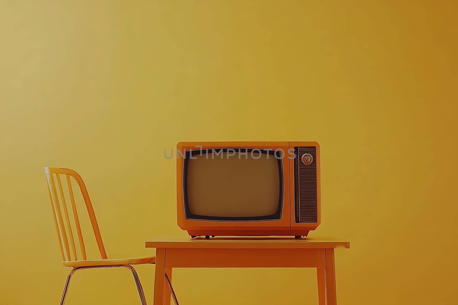 A retro television rests on a yellow table beside a bright chair in a lively, sunlit room.