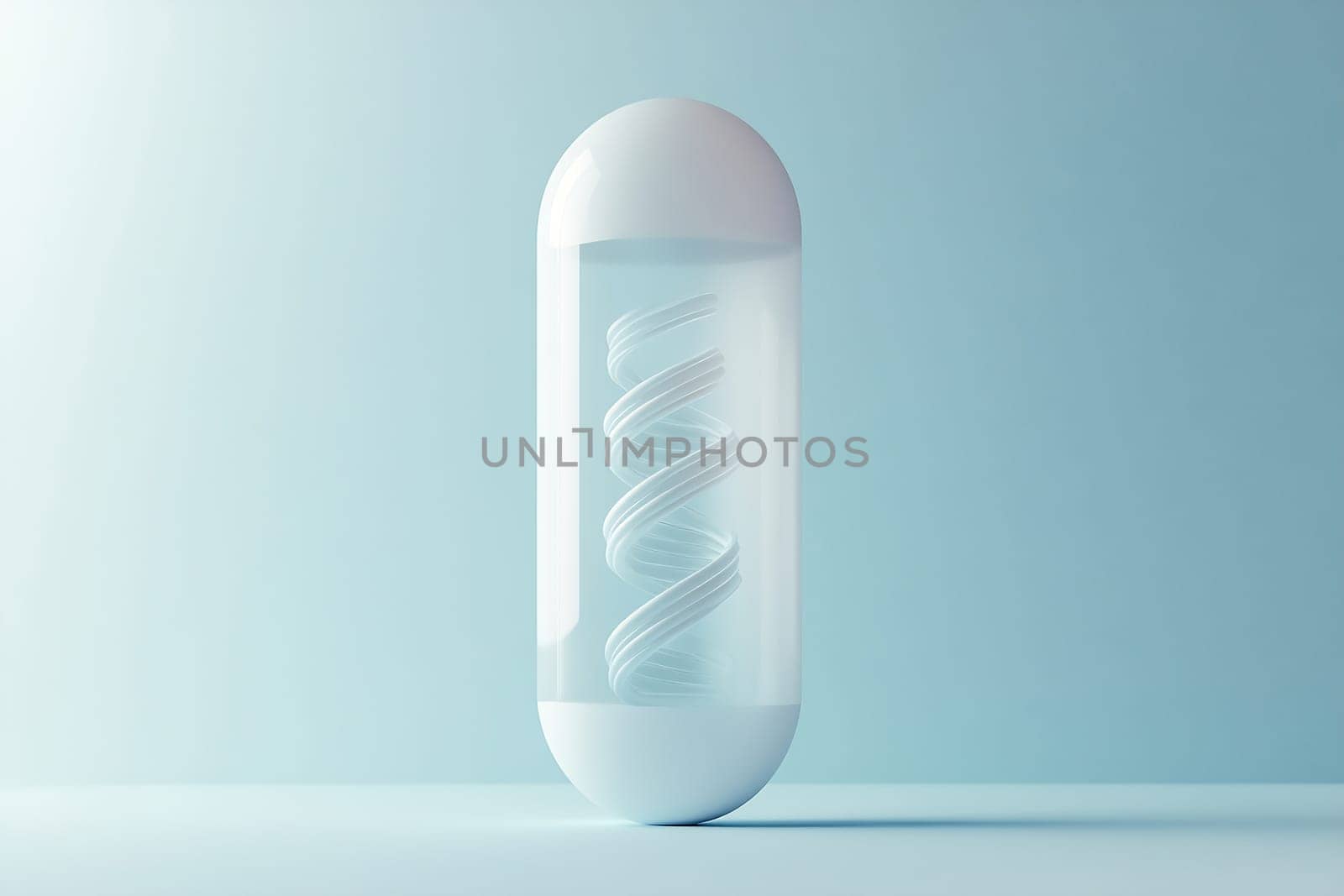 A unique capsule design showcases an internal spiral structure, illuminated against a soft blue background. The minimalist style captivates attention.