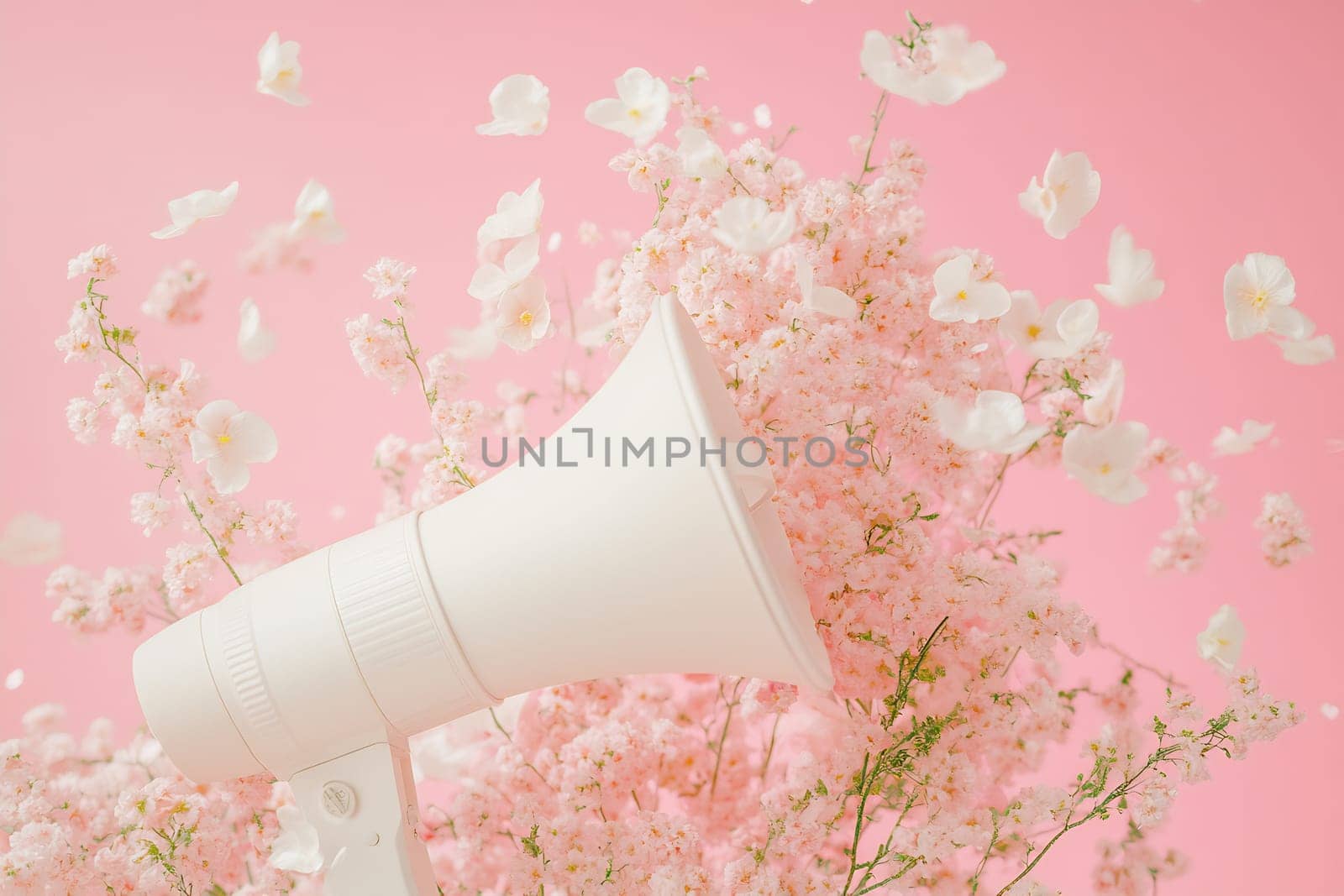 A white megaphone surrounded by soft pink flowers creates a vibrant, lively atmosphere, evoking the essence of spring and celebration.