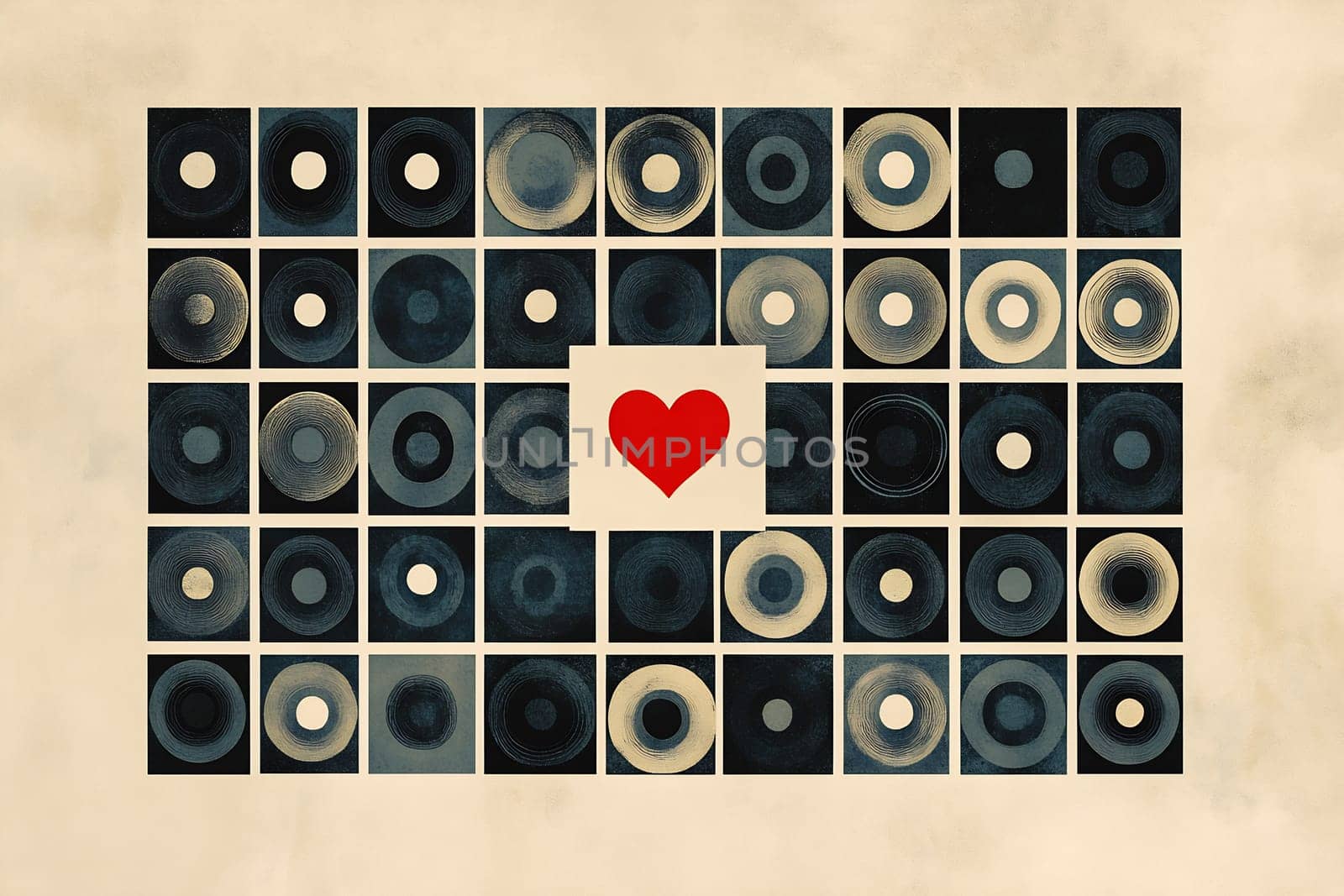 An arrangement of circular designs creates a visually striking pattern with a heart in the center, contrasting against a neutral background.