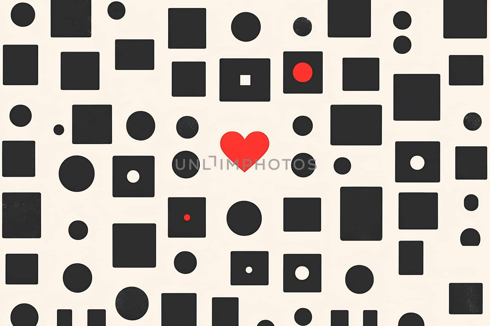 A striking red heart stands out among various black geometric shapes on a light background, creating a bold visual statement.