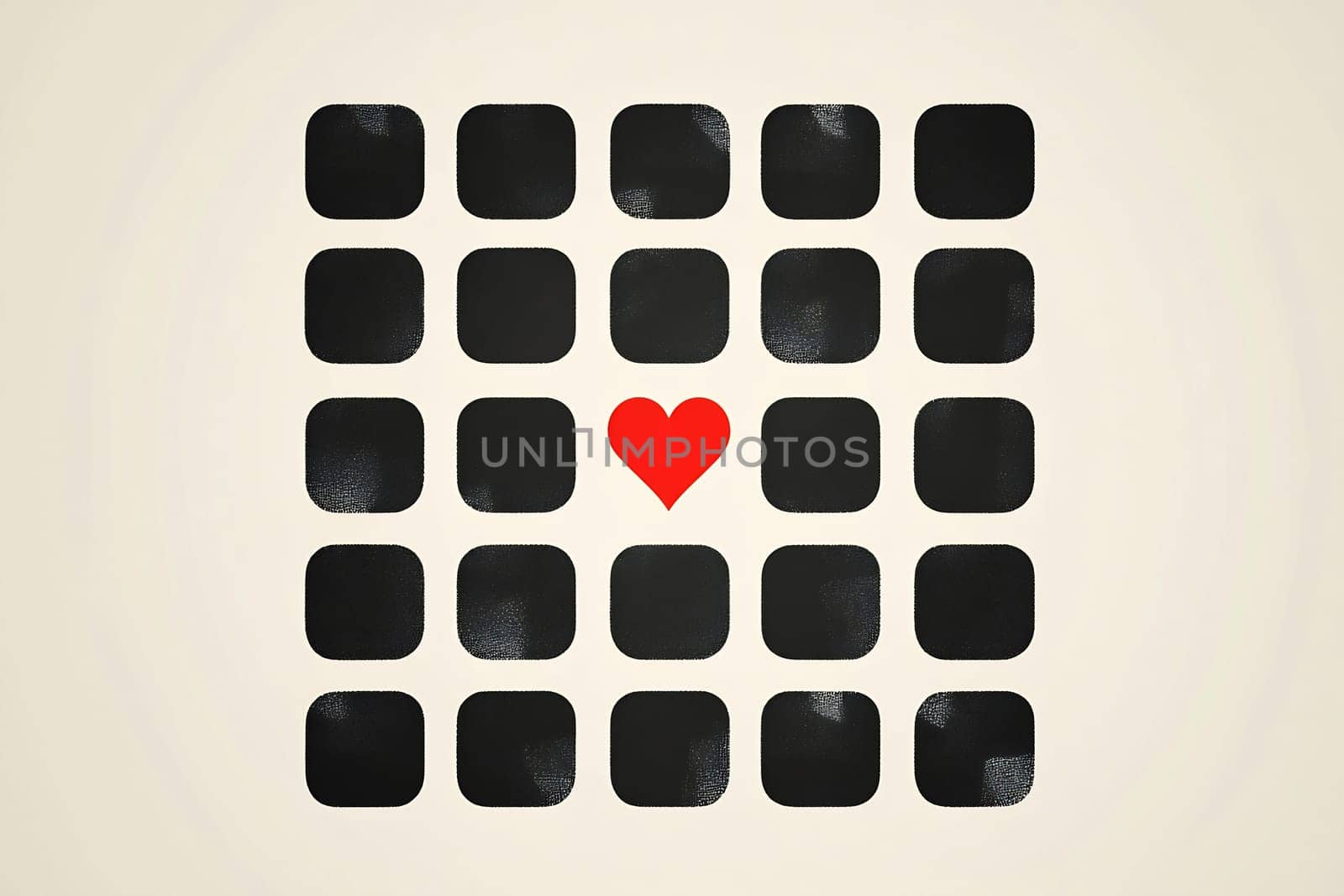 A vibrant red heart stands out amid a grid of black squares, symbolizing love and individuality in a minimalist design.