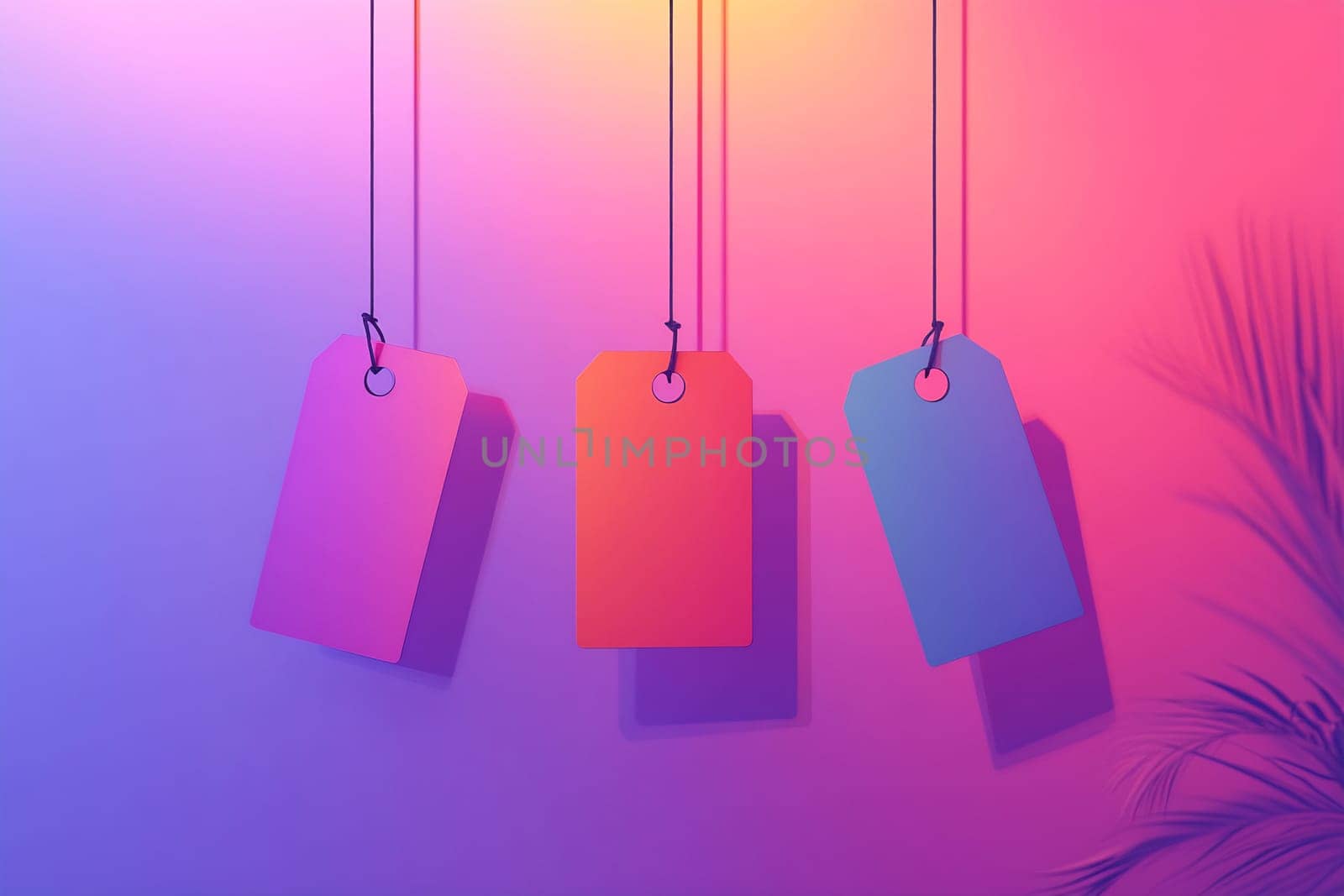 Three vibrant tags in shades of pink, orange, and blue hang from strings against a colorful background with soft lighting.