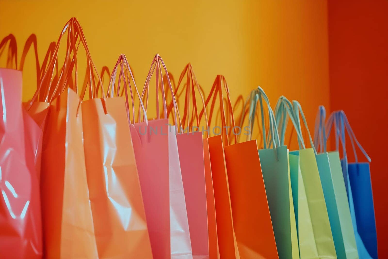 Brightly colored shopping bags hang against a lively orange background, showcasing a joyful array of hues perfect for special occasions.