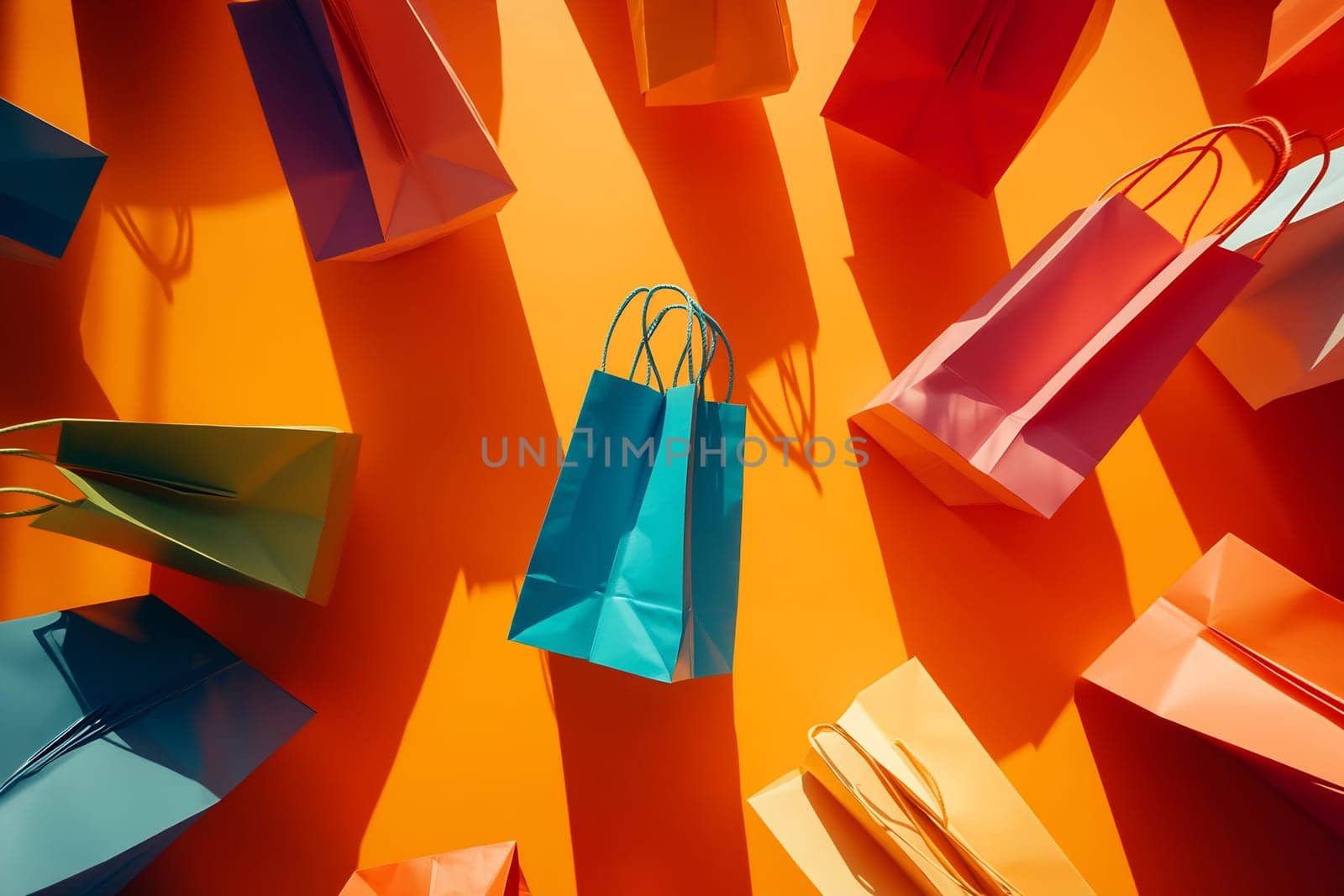 Brightly colored shopping bags are arranged on an orange surface, casting playful shadows and creating a lively atmosphere.