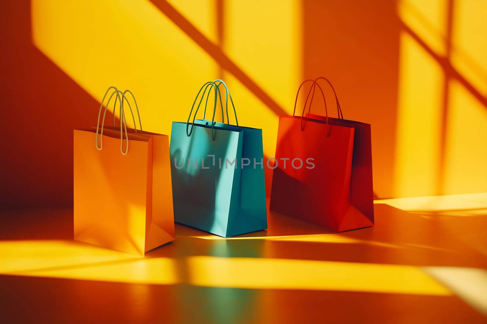 Three vibrant shopping bags in orange, teal, and red are illuminated by warm sunlight, casting playful shadows on the surface.