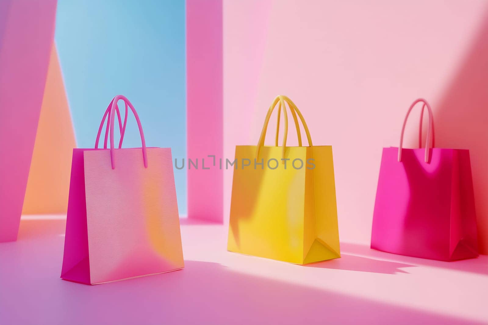 Brightly colored shopping bags rest on a pink surface, creating a playful atmosphere in a vibrant setting.