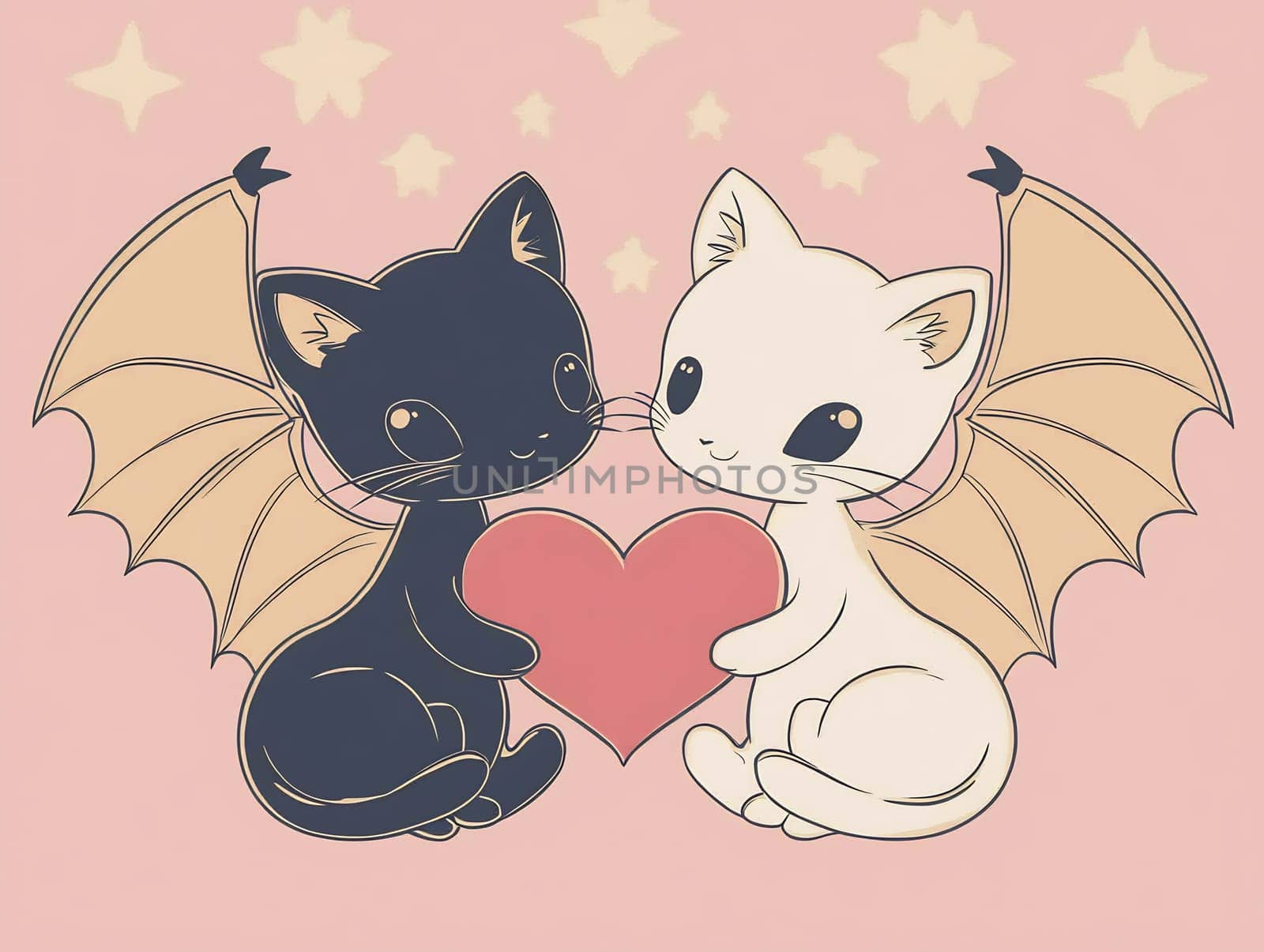 Two charming cats, one black and one white, sit together with bat-like wings. They hold a red heart between them against a pink background.