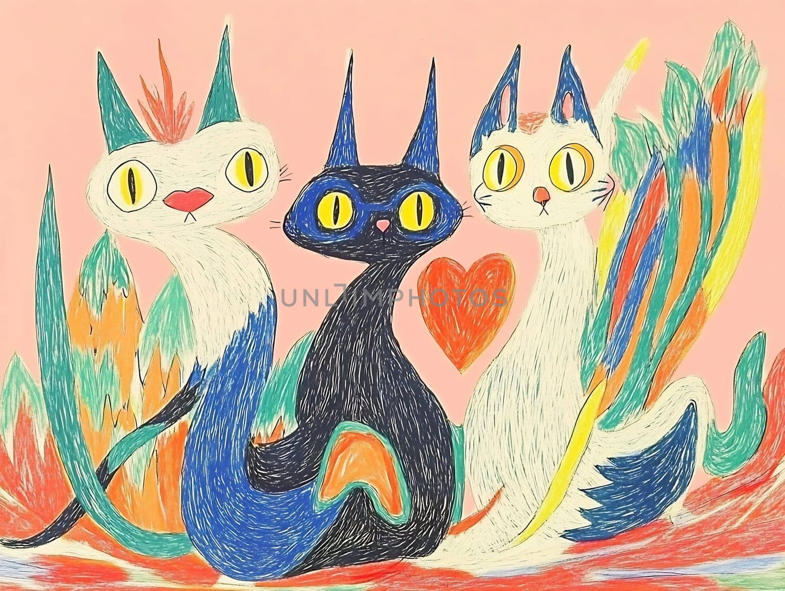 Three whimsical cats with large eyes are surrounded by colorful plants, featuring a heart symbol in the center, set against a pink background.