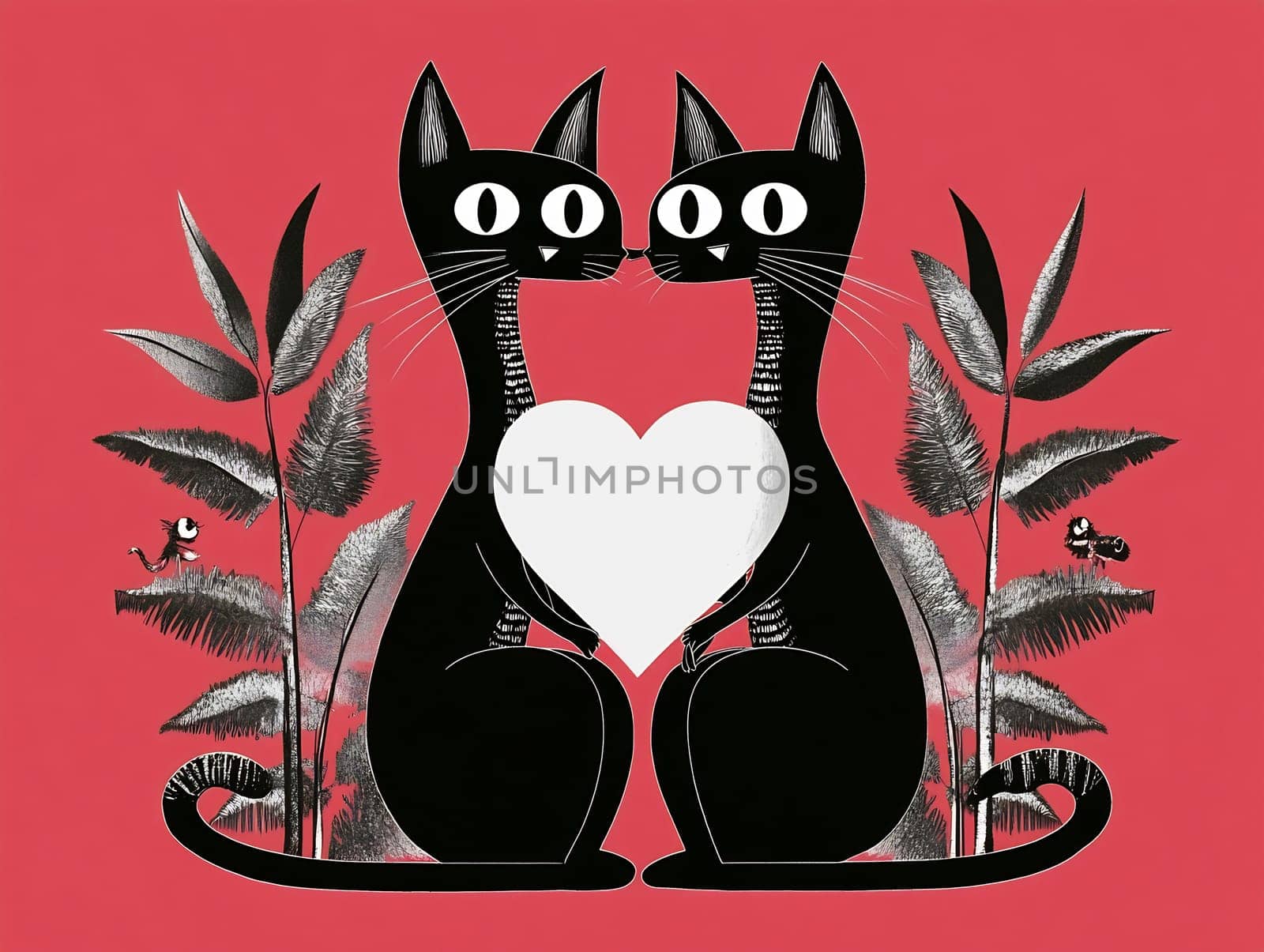 Two black cats face each other, holding a white heart, surrounded by tropical plants on a vibrant red background.