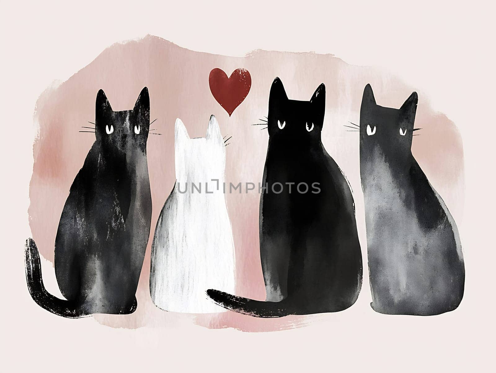 Four stylized cats in black and white face away, with a red heart in the background, creating a whimsical and loving atmosphere.