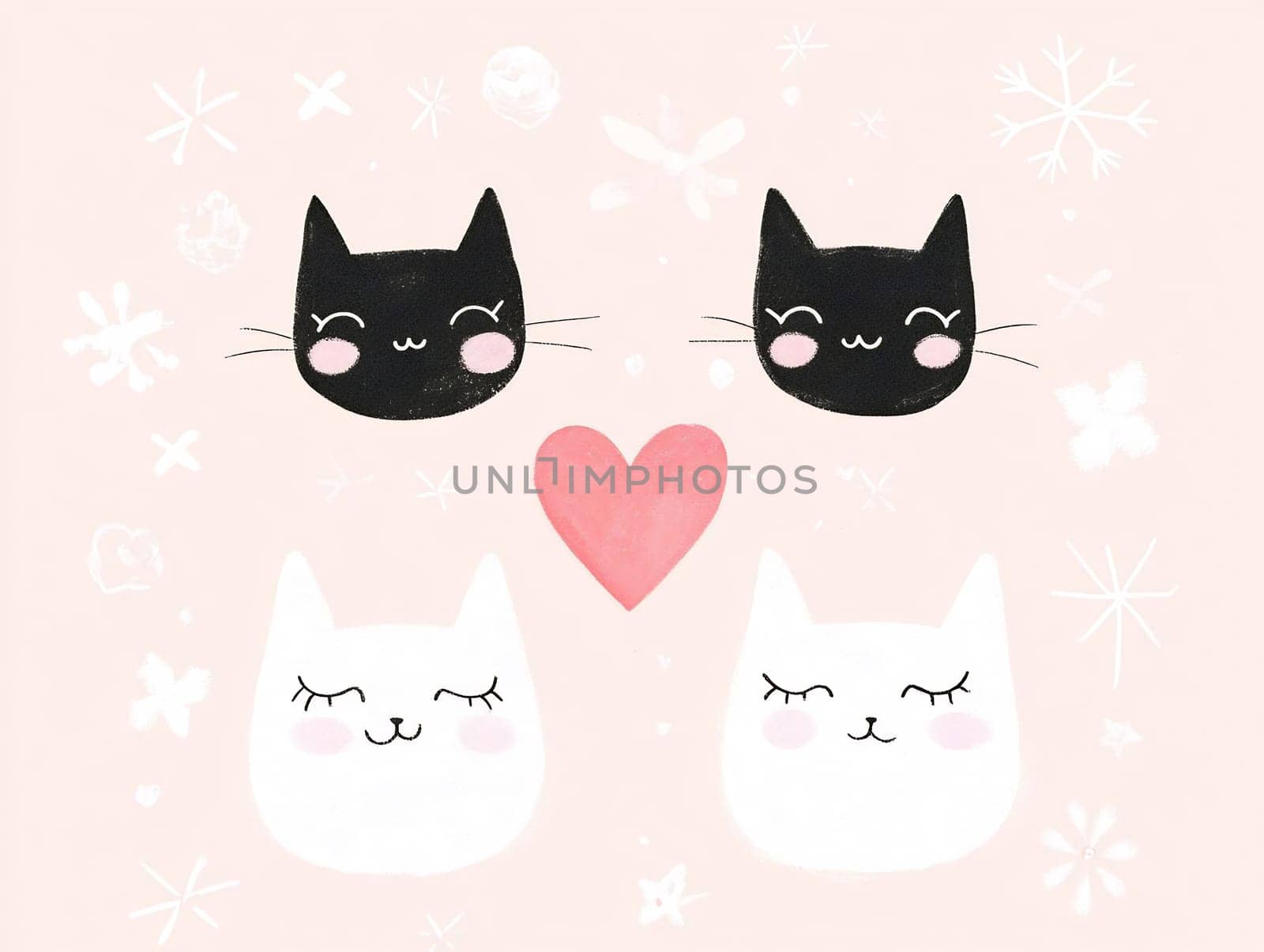 Four charming cat faces in black and white set against a soft pink background, featuring a heart in the center.