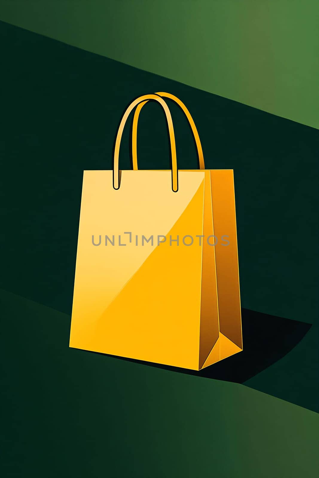 A vibrant yellow shopping bag stands out against a dark green background, showcasing its sleek design and glossy finish.