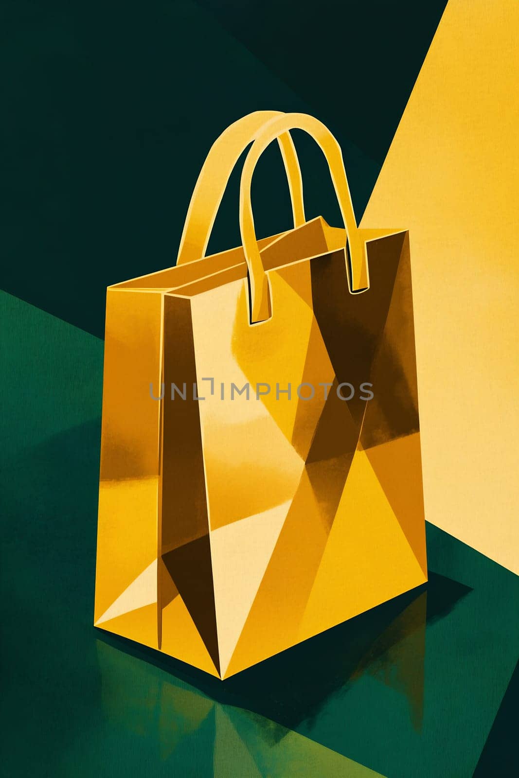A stylish gold shopping bag rests on a geometric background, showcasing its sleek design and vibrant color.