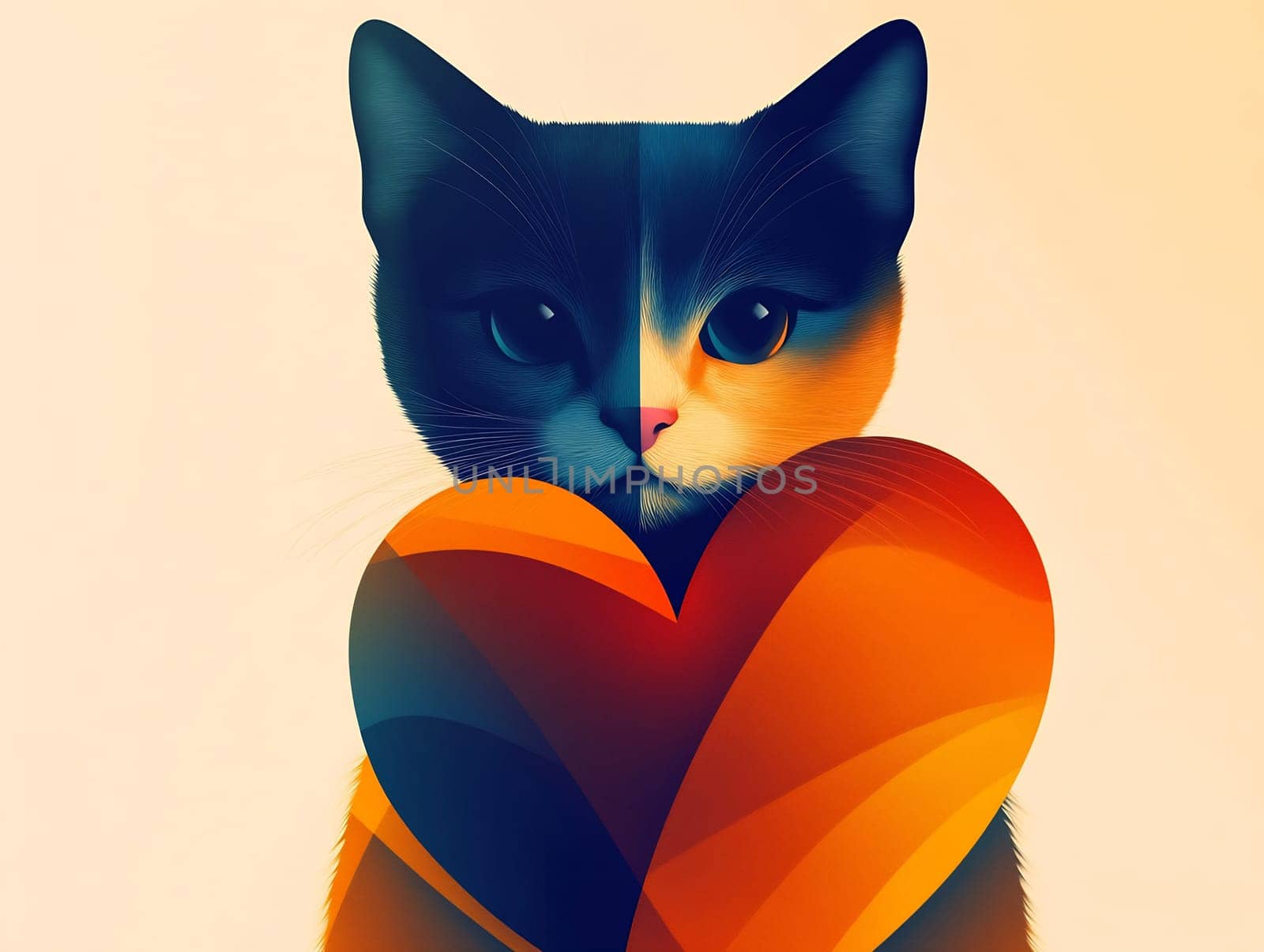A playful illustration of a cat with half its face showing, holding a colorful heart in front of its chest, symbolizing love.