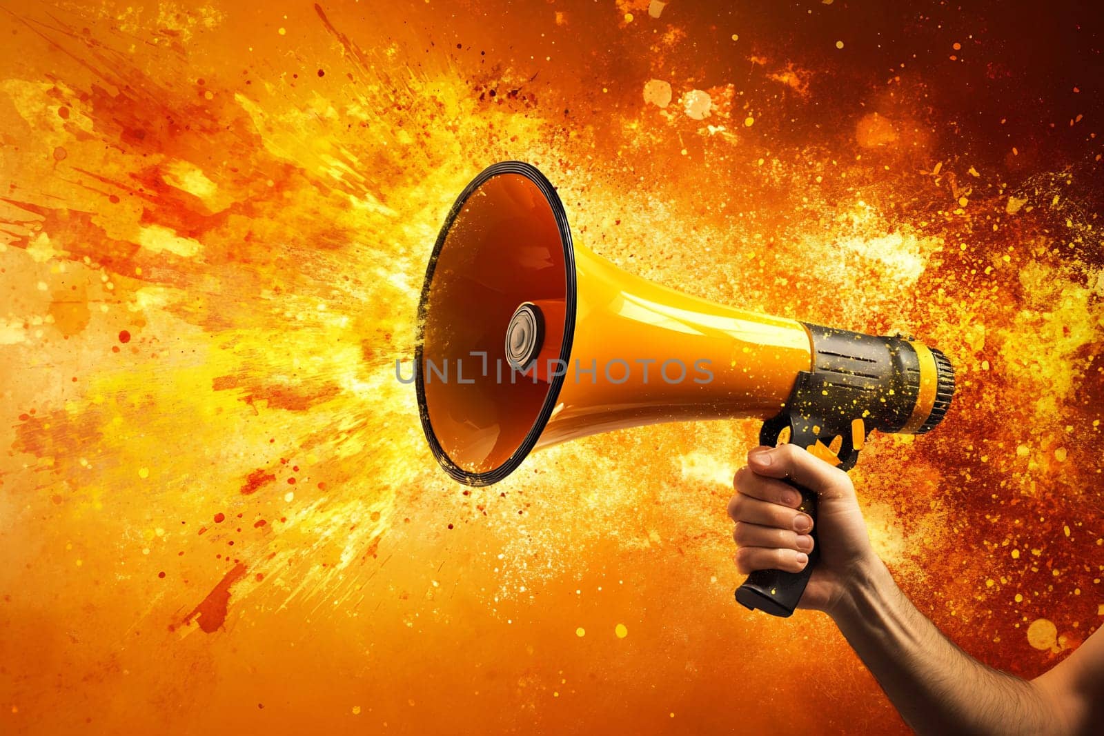 A hand holds a bright orange megaphone against a vibrant explosion of color, symbolizing energy and dynamic communication.