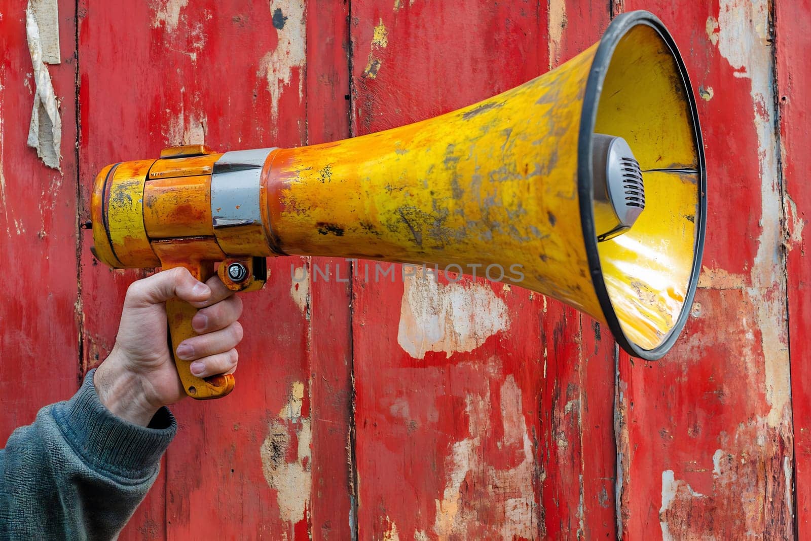 A person grips a bright yellow megaphone against a weathered red background, ready to speak or announce something important.