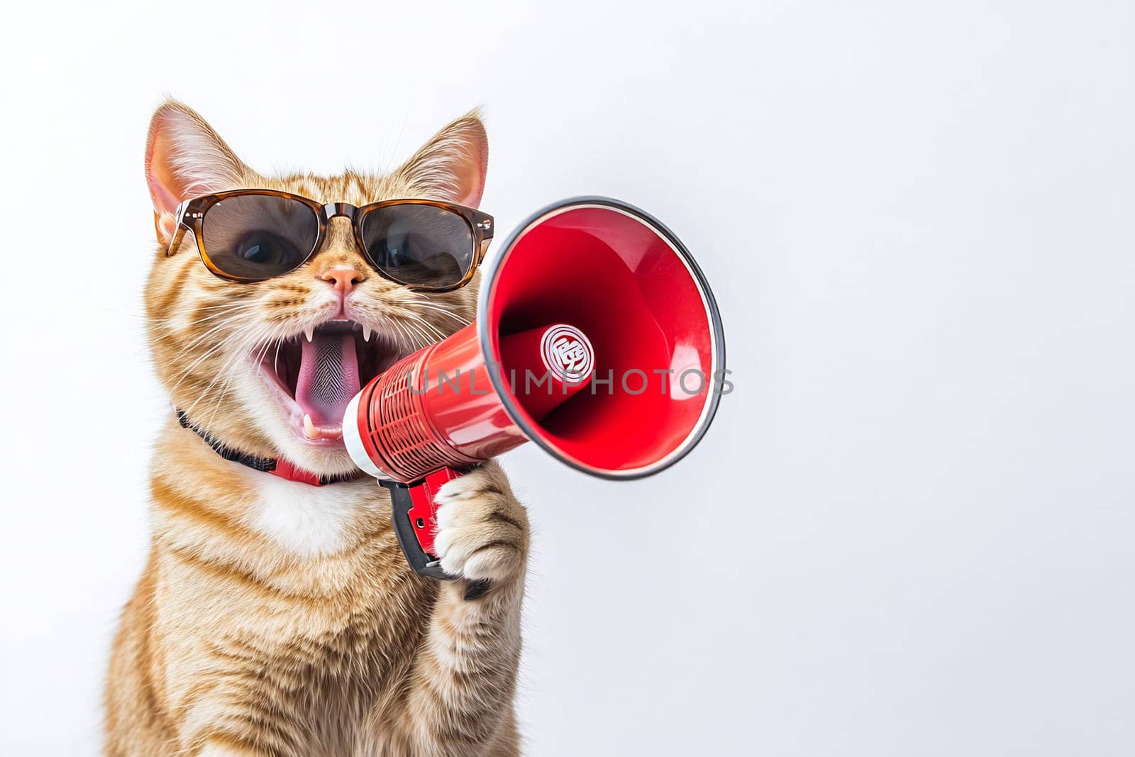 A playful cat in stylish sunglasses holds a red megaphone, energetically expressing itself against a plain background.