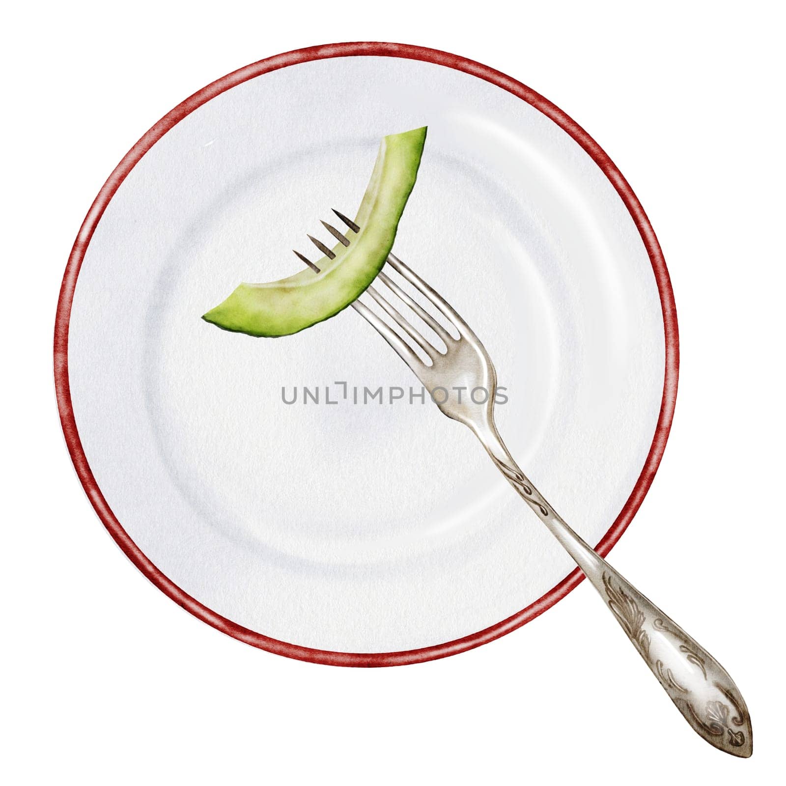 Avocado slice on plate watercolor. Hand drawn piece of ripe fruit on fork on isolated white background. Clip art food. Ideal for posters and restaurant menus of vegetarian and diet dishes. Plant sketch for kitchen