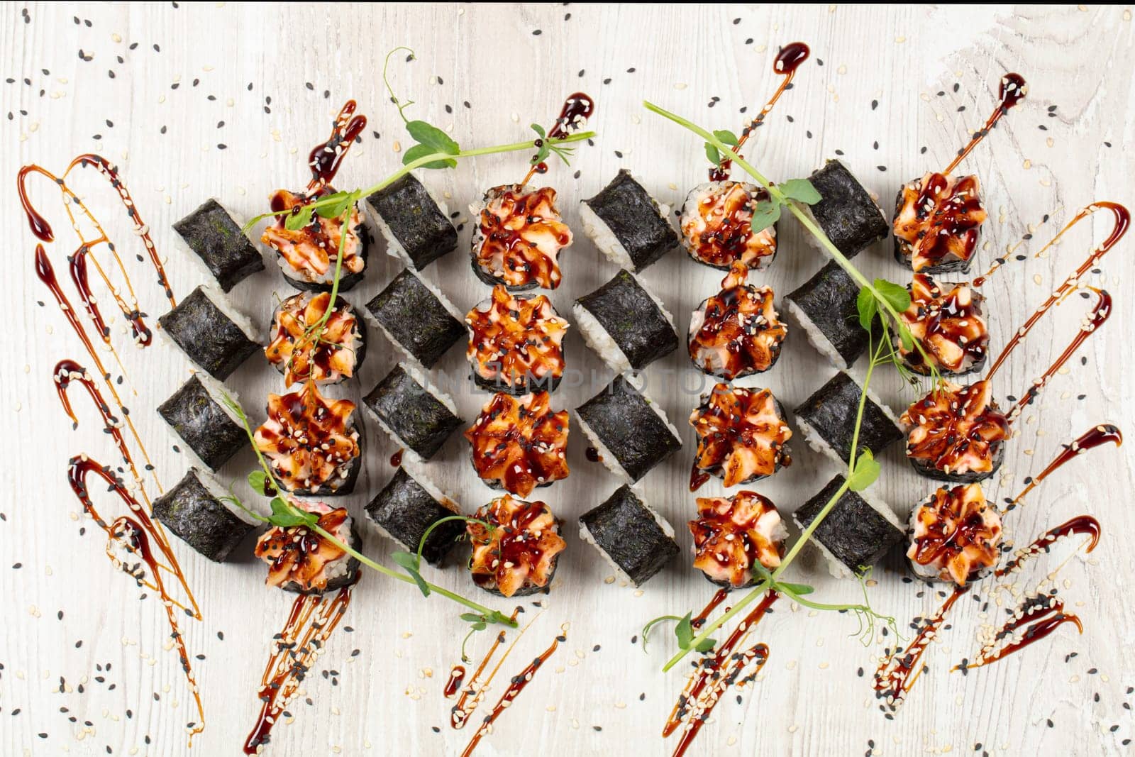Set of sushi rolls, close-up top view.Japanese food.