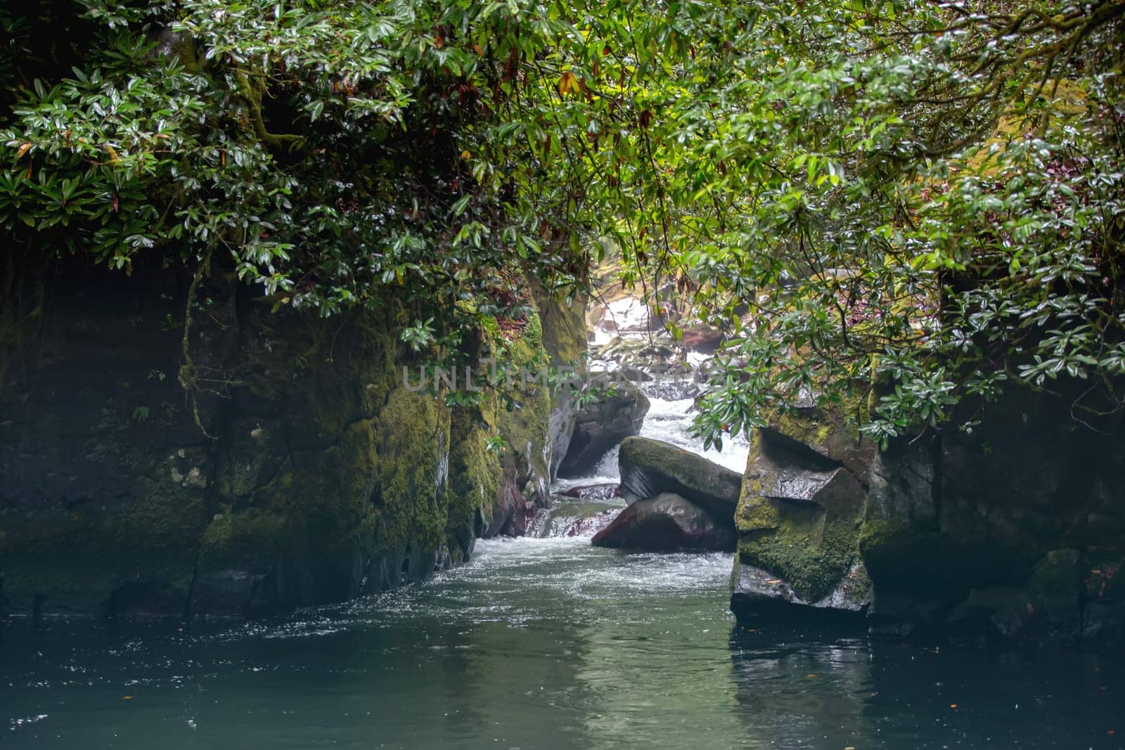 A lake among the mountains against a background of green tropical greenery.
