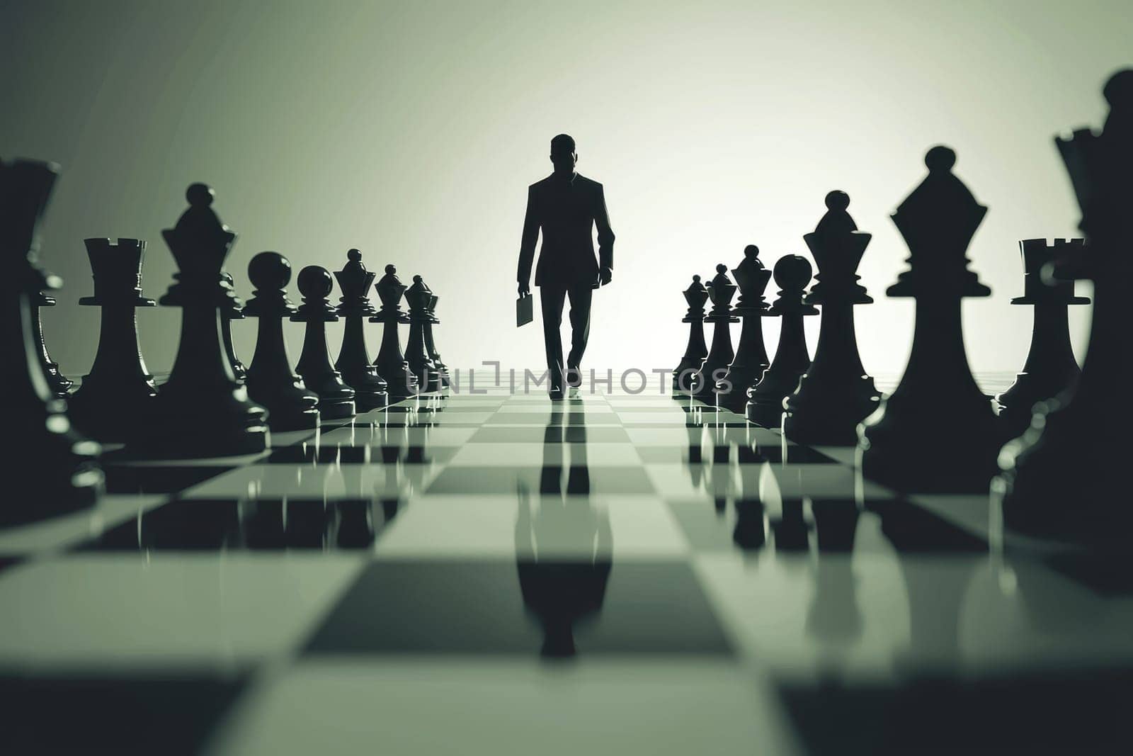 This image showcases a striking digital representation of a chessboard with a businessman silhouette, highlighting themes of strategy and competition in a modern setting.
