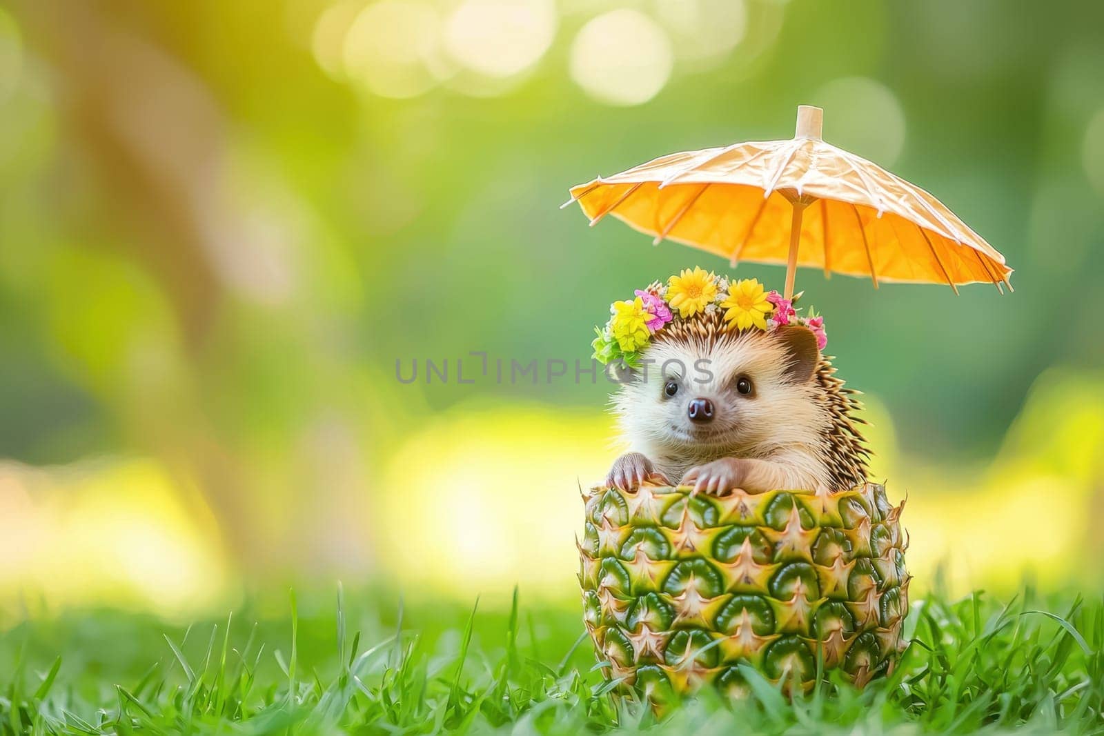 This adorable image features a cute hedgehog with a tiny flower crown sitting inside a fresh pineapple, enjoying a sunny and cheerful outdoor setting.