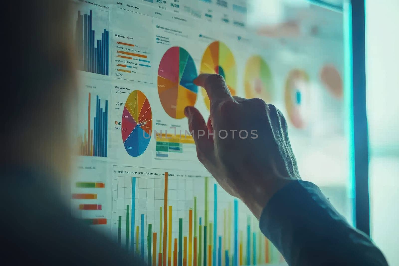 Close-up of a hand interacting with financial reports displayed on a touchscreen. Colorful charts and graphs provide insights into data analysis and business performance.