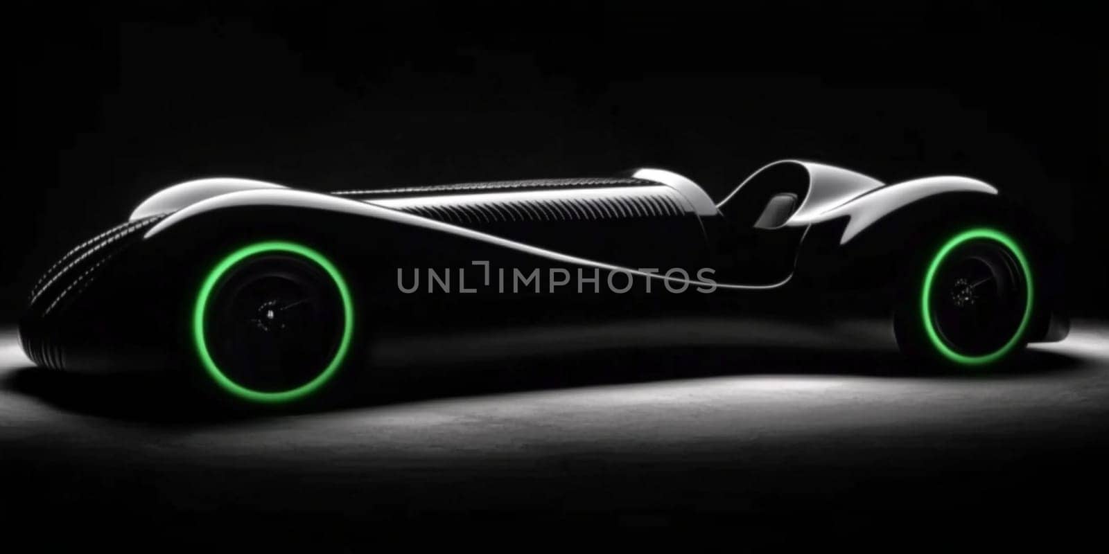Futuristic sports car with glowing green tires in the dark, exuding speed and innovation