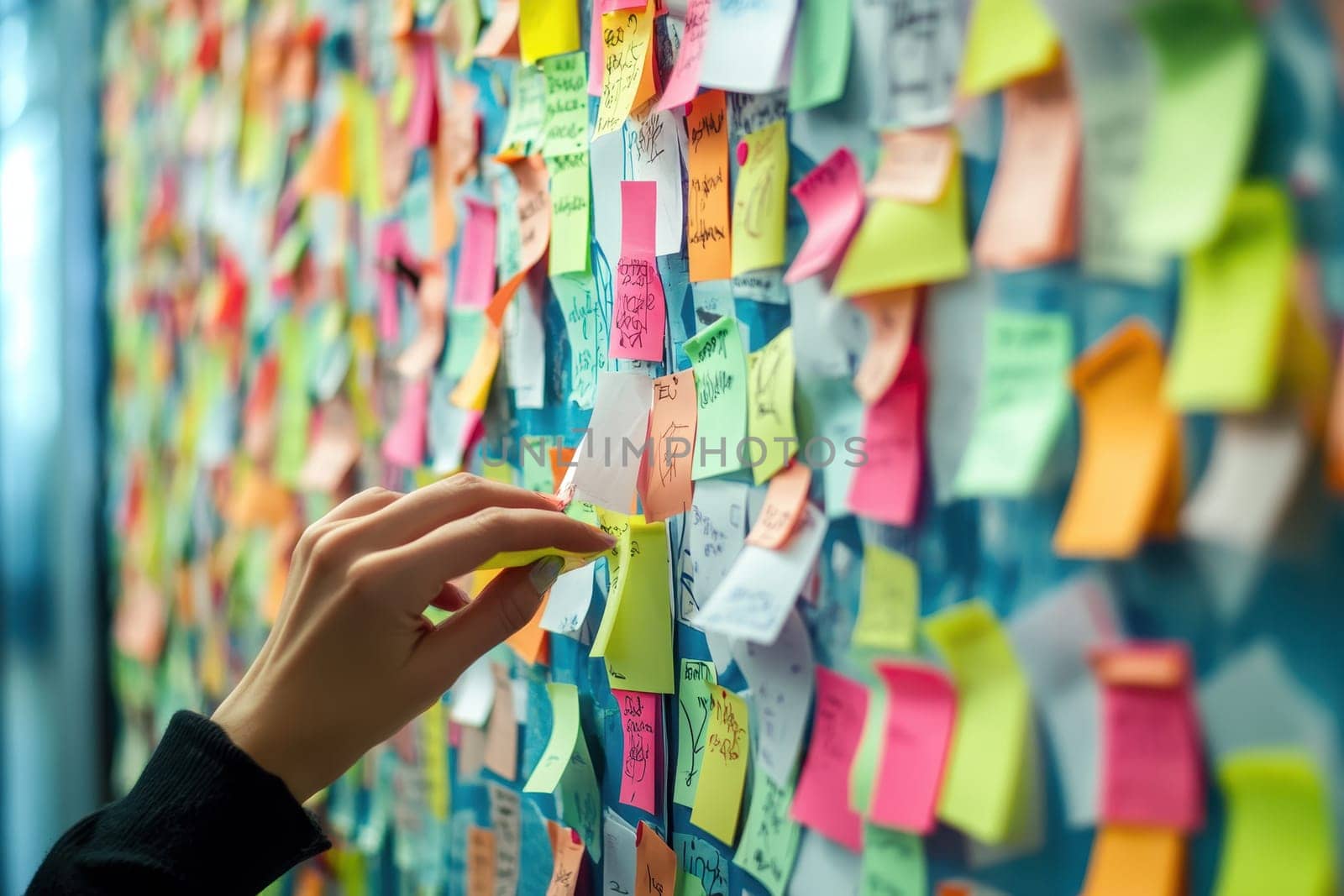 A hand reaches out to colorful sticky notes on a collaborative wall, showcasing the vibrant energy of professionals engaged in a creative work session.