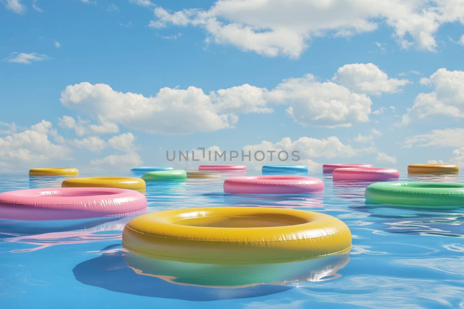 A vibrant collection of colorful floating pool rings in various shapes gracefully drifts on a tranquil blue pool, framed by a clear sky with fluffy clouds, creating a perfect summer scene for leisure and fun.